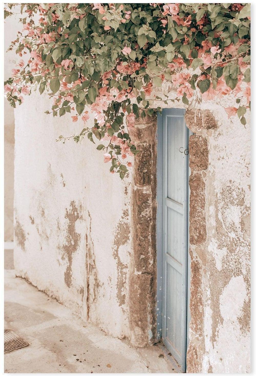 Bougainvillea flower and blue door in Santorini, Style A-Gioia-Prints-Framed-Canvas-Poster-GIOIA-WALL-ART