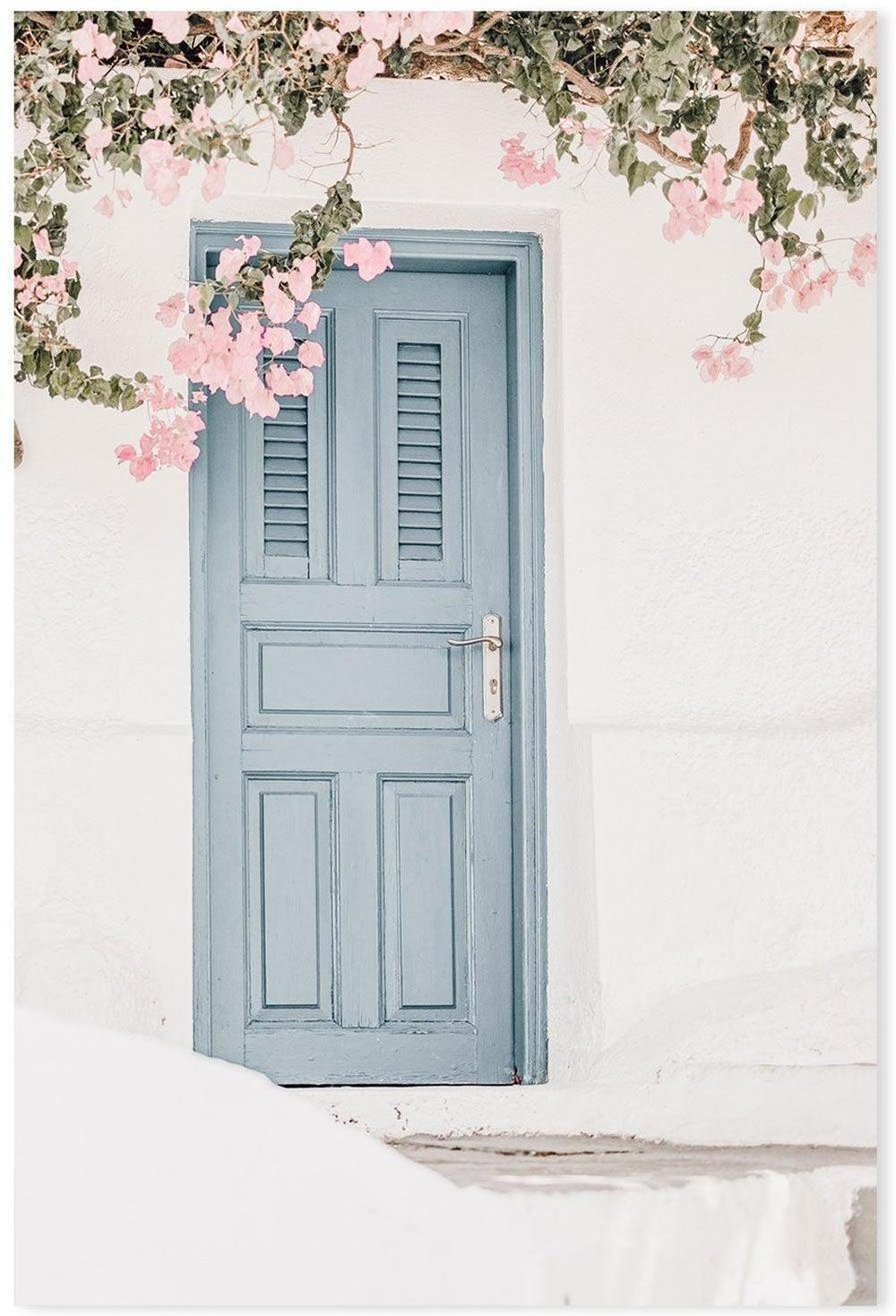 Bougainvillea flower and blue door in Santorini, Style B-Gioia-Prints-Framed-Canvas-Poster-GIOIA-WALL-ART