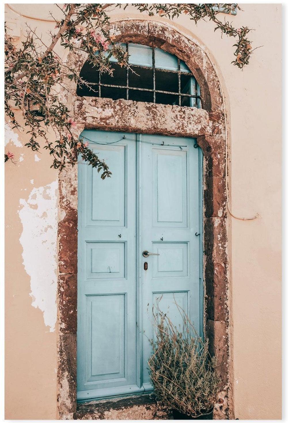 Bougainvillea flower and blue door in Santorini, Style C-Gioia-Prints-Framed-Canvas-Poster-GIOIA-WALL-ART