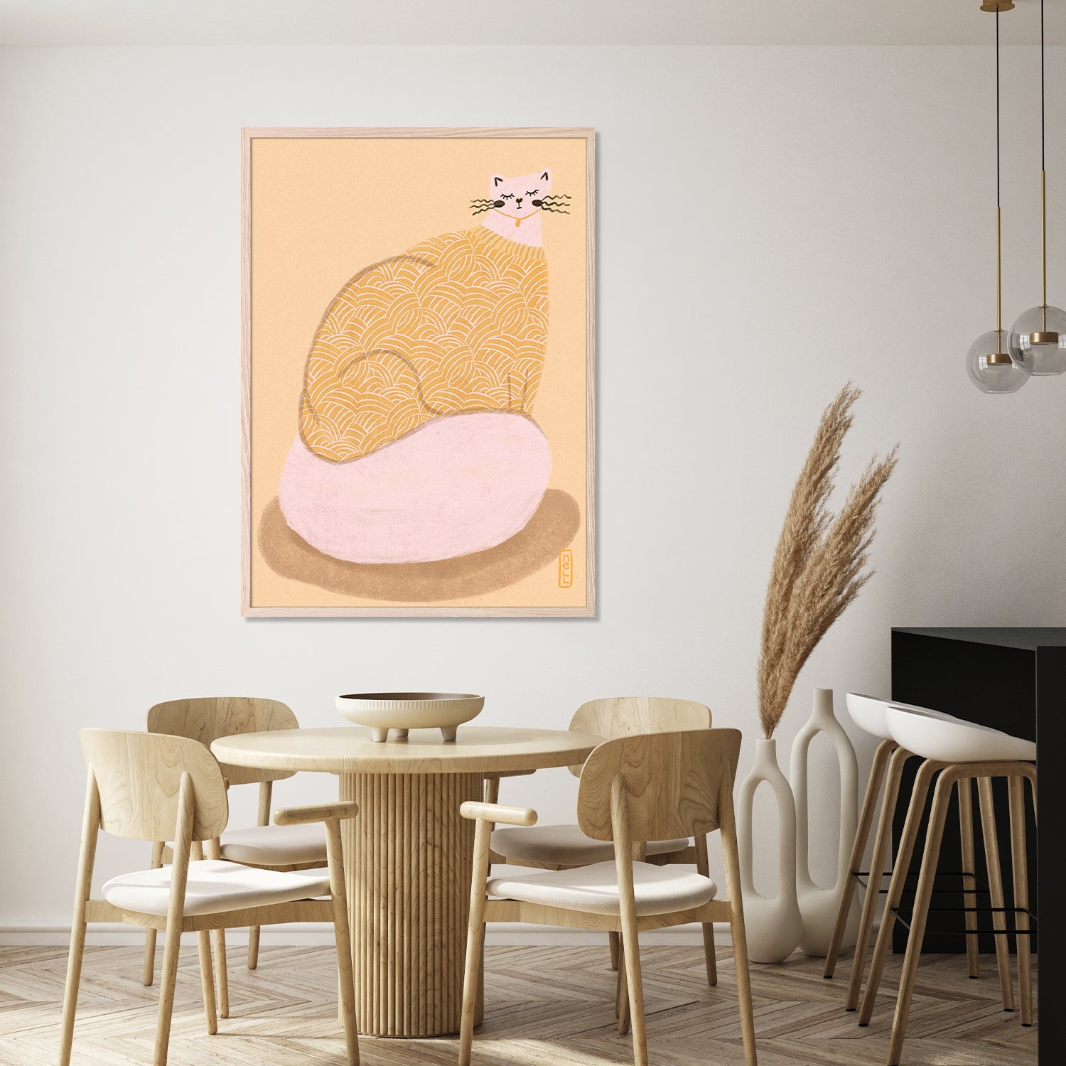wall-art-print-canvas-poster-framed-Cat in a Butter Yellow Jersey Illustration Poster-8