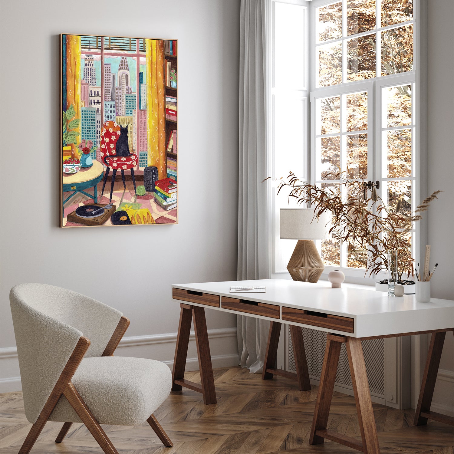 wall-art-print-canvas-poster-framed-Cat in front of window in New York bright colours-7