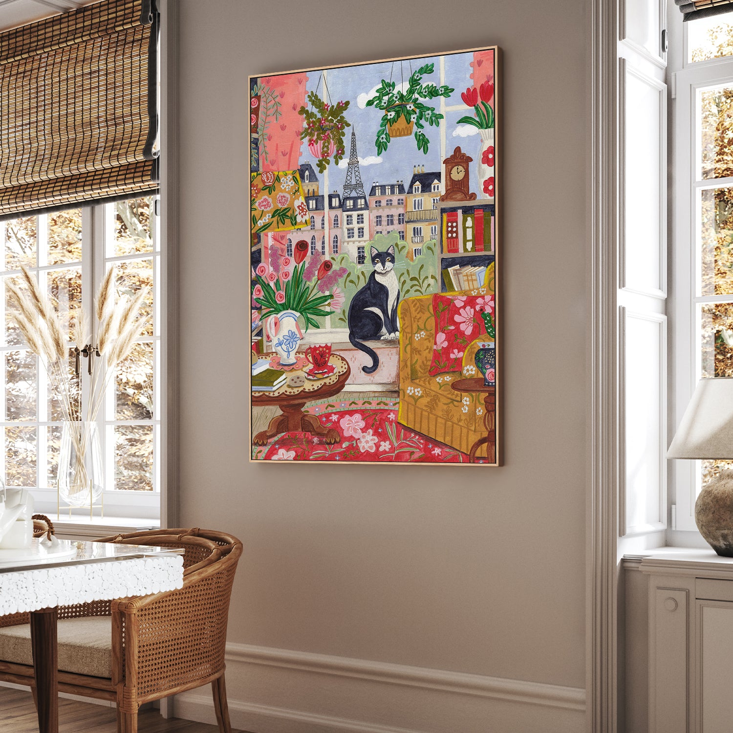 wall-art-print-canvas-poster-framed-Cat in front of window in Paris bright colours-7
