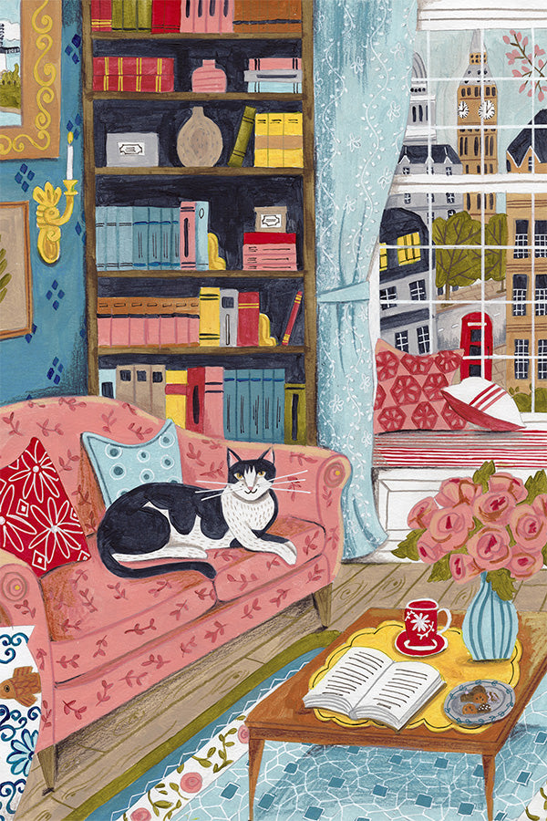 wall-art-print-canvas-poster-framed-Cat on sofa in London paster colours-1