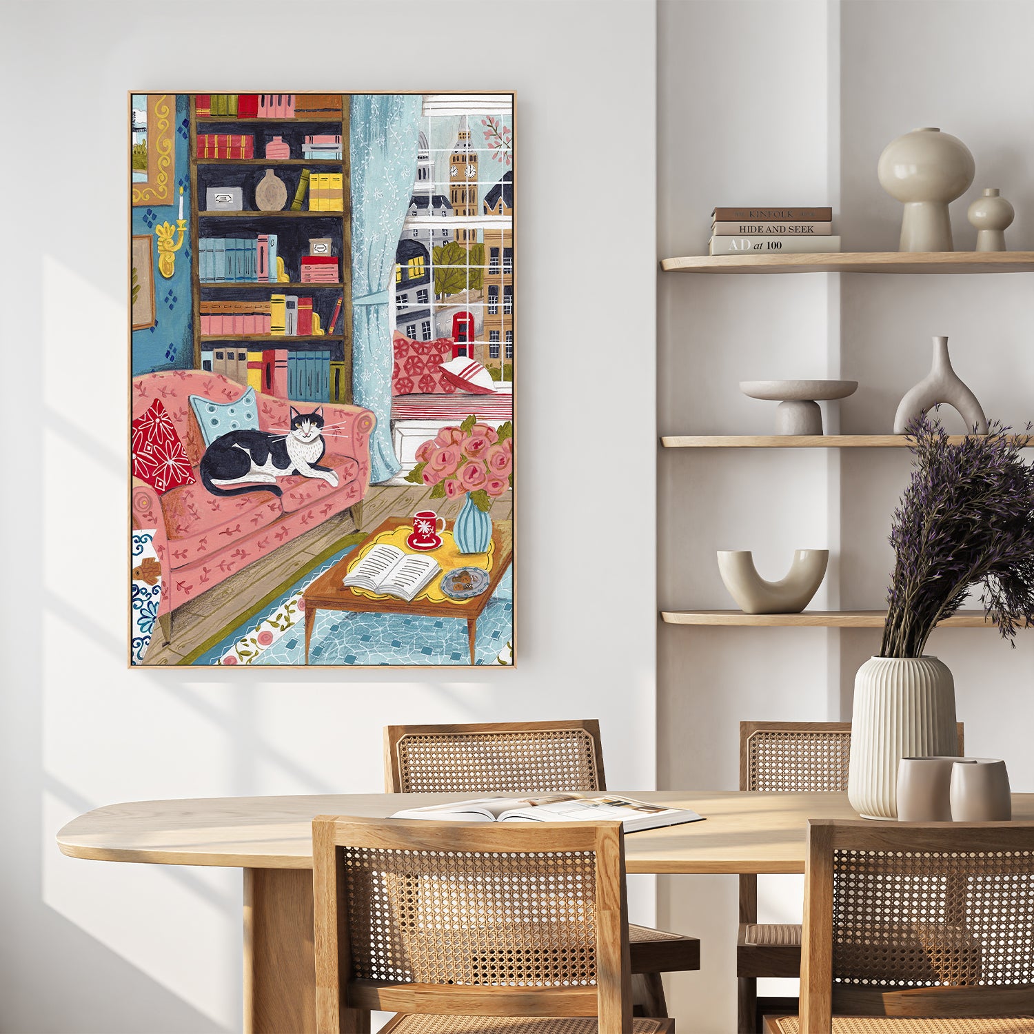 wall-art-print-canvas-poster-framed-Cat on sofa in London paster colours-7