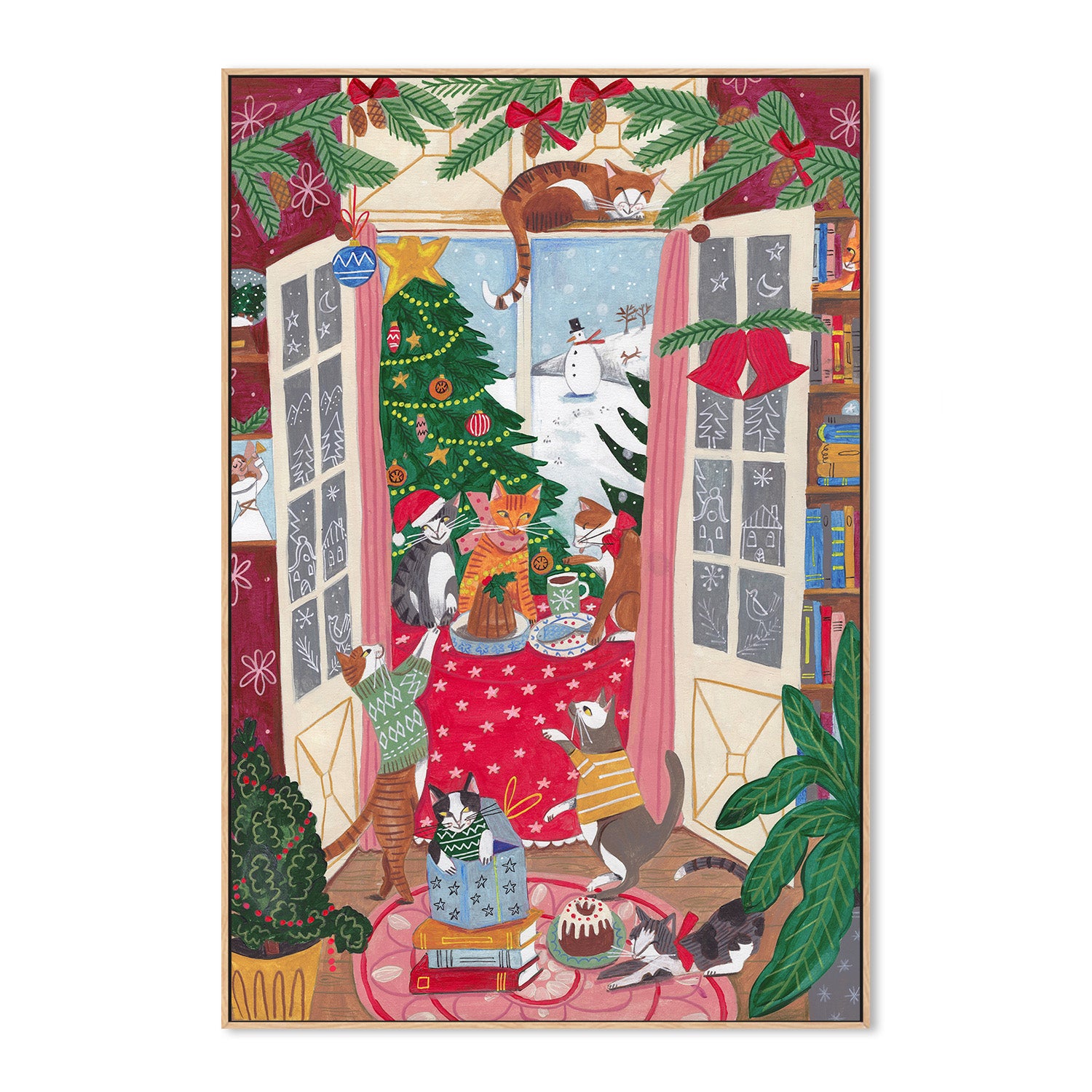 wall-art-print-canvas-poster-framed-Cats in the Window at a Snowy Christmas in Bright Colours-4