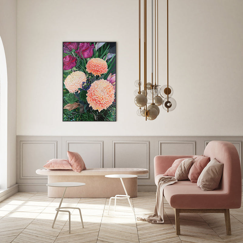 wall-art-print-canvas-poster-framed-Chrysanthemums, Roses and Green Ball Dianthus , By Hsin Lin-GIOIA-WALL-ART