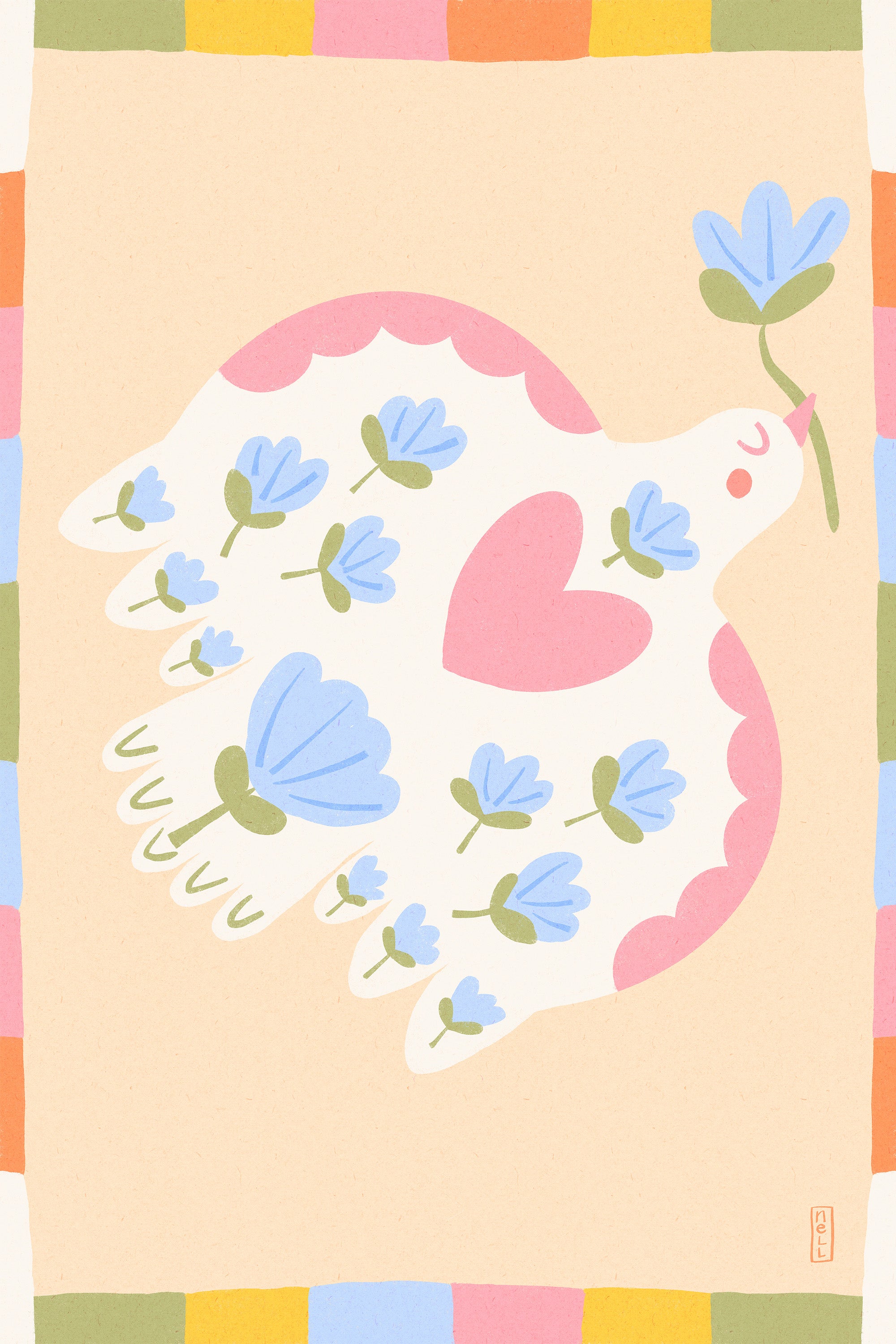 wall-art-print-canvas-poster-framed-Dove of Peace with Flowers Illustration-1