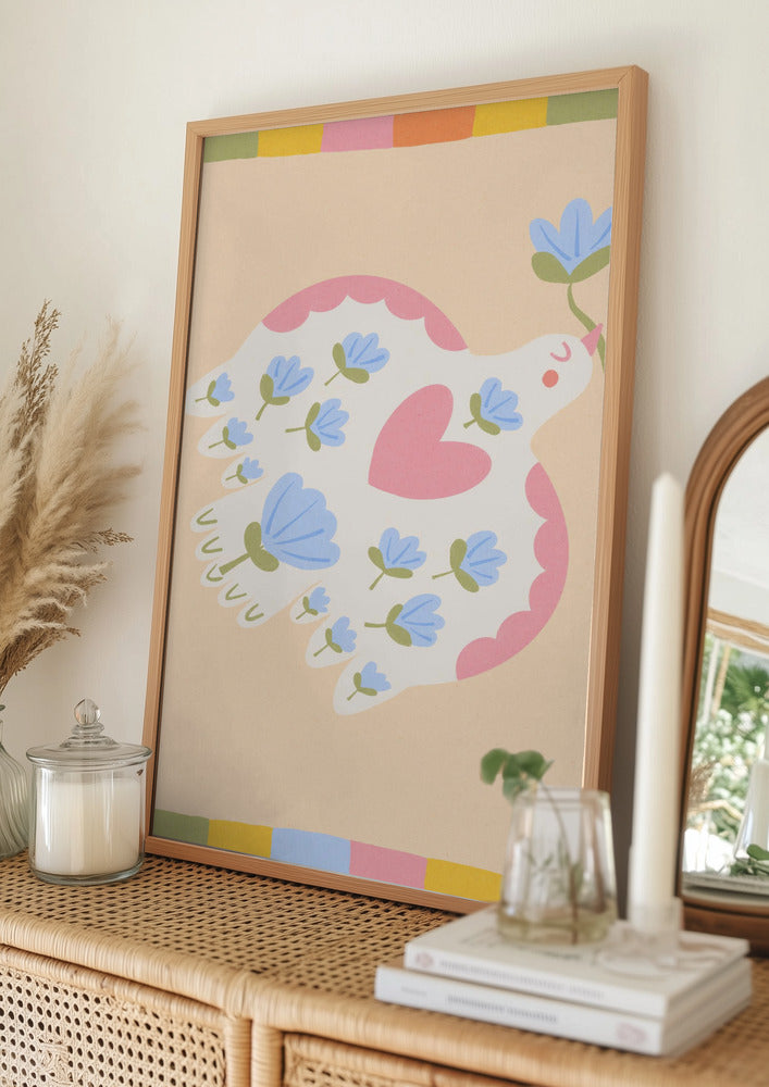 wall-art-print-canvas-poster-framed-Dove of Peace with Flowers Illustration-11