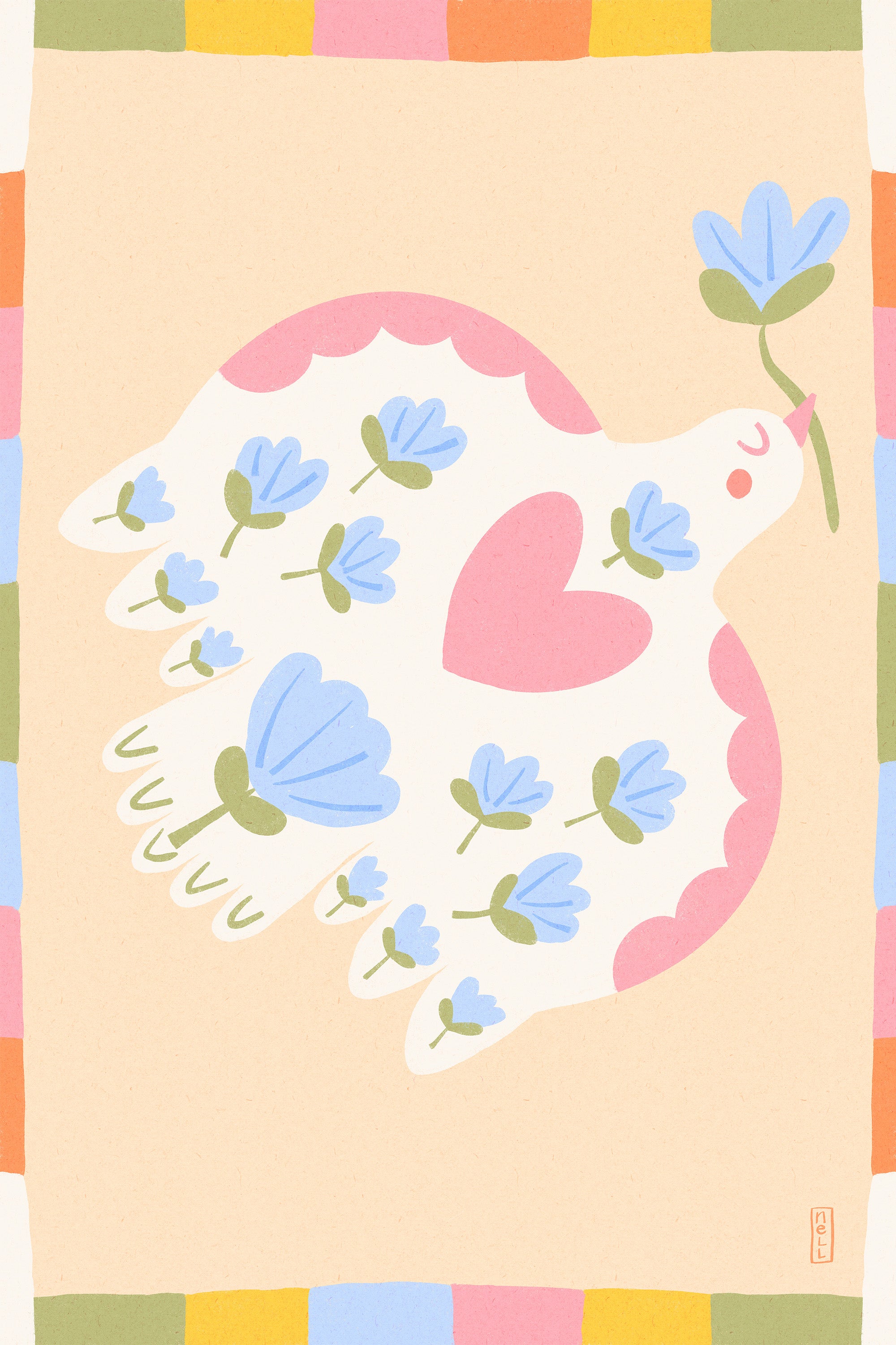 wall-art-print-canvas-poster-framed-Dove of Peace with Flowers Illustration-1