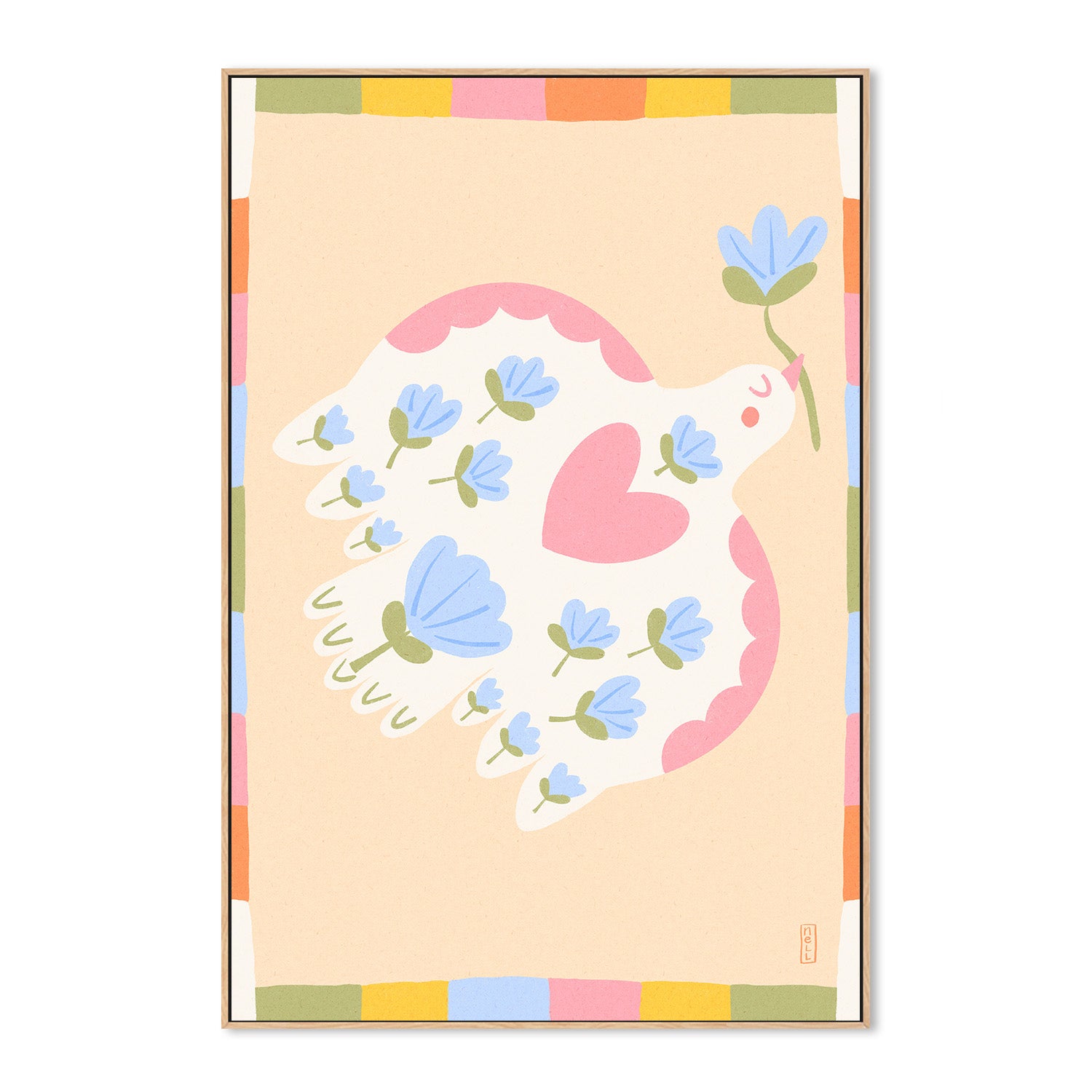 wall-art-print-canvas-poster-framed-Dove of Peace with Flowers Illustration-4