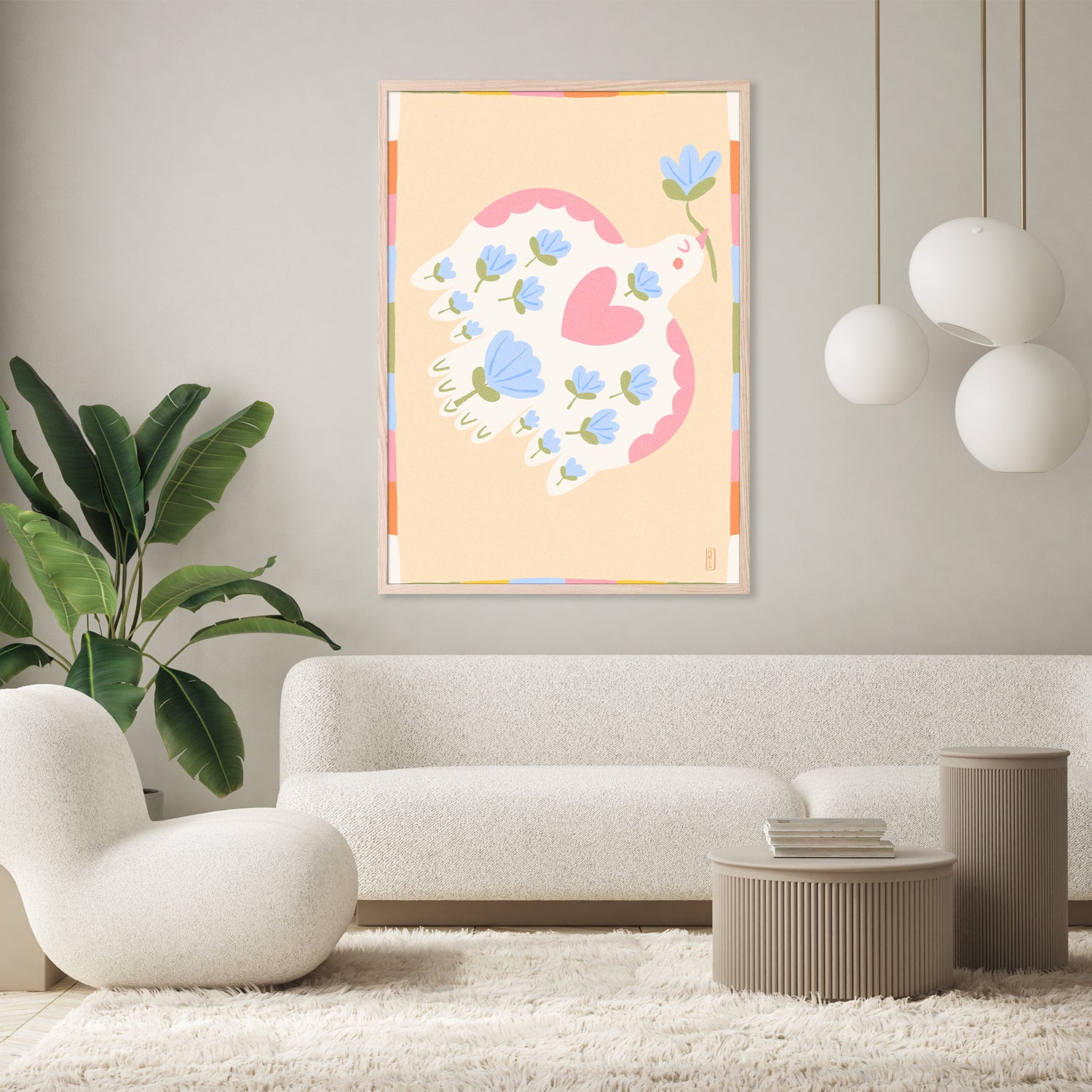wall-art-print-canvas-poster-framed-Dove of Peace with Flowers Illustration-8