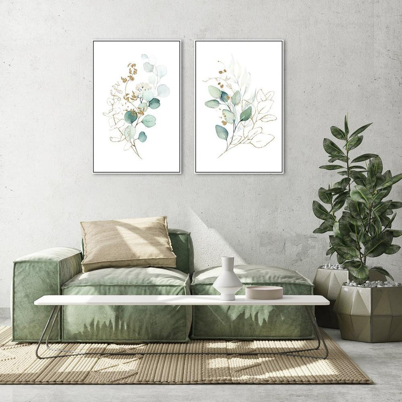 wall-art-print-canvas-poster-framed-Eucalyptus Leaves With Golden Twigs, Set Of 2, Style A-by-Gioia Wall Art-Gioia Wall Art