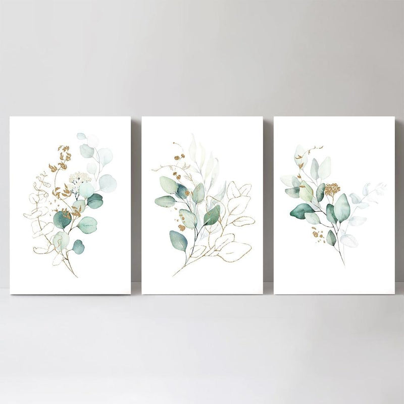 wall-art-print-canvas-poster-framed-Eucalyptus Leaves With Golden Twigs , Set Of 3-by-Gioia Wall Art-Gioia Wall Art