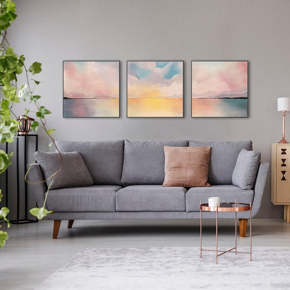 Evening Glow, Landscape, Abstract, Set Of 3 Wall Art Print Framed