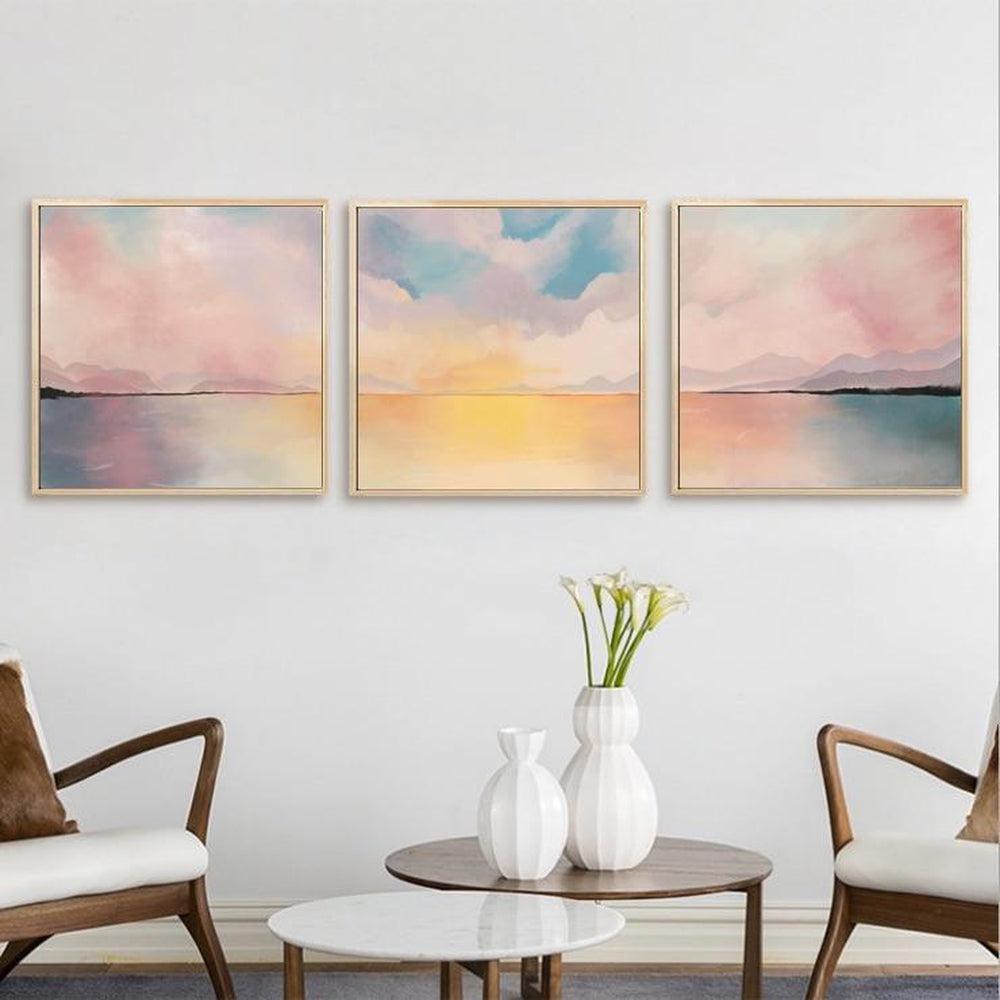 Evening Glow, Landscape, Abstract, Set Of 3 Wall Art Print Framed