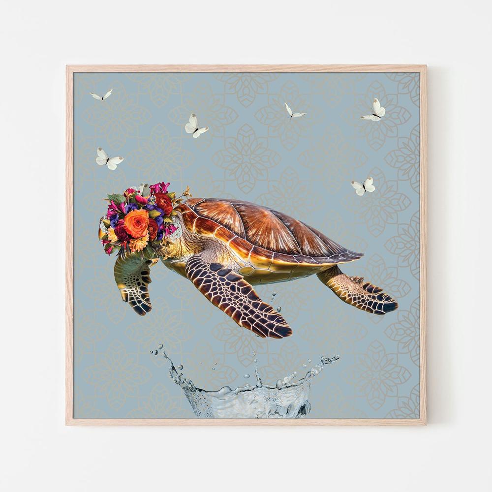 wall-art-print-canvas-poster-framed-Floral Crown Turtle Splash-6