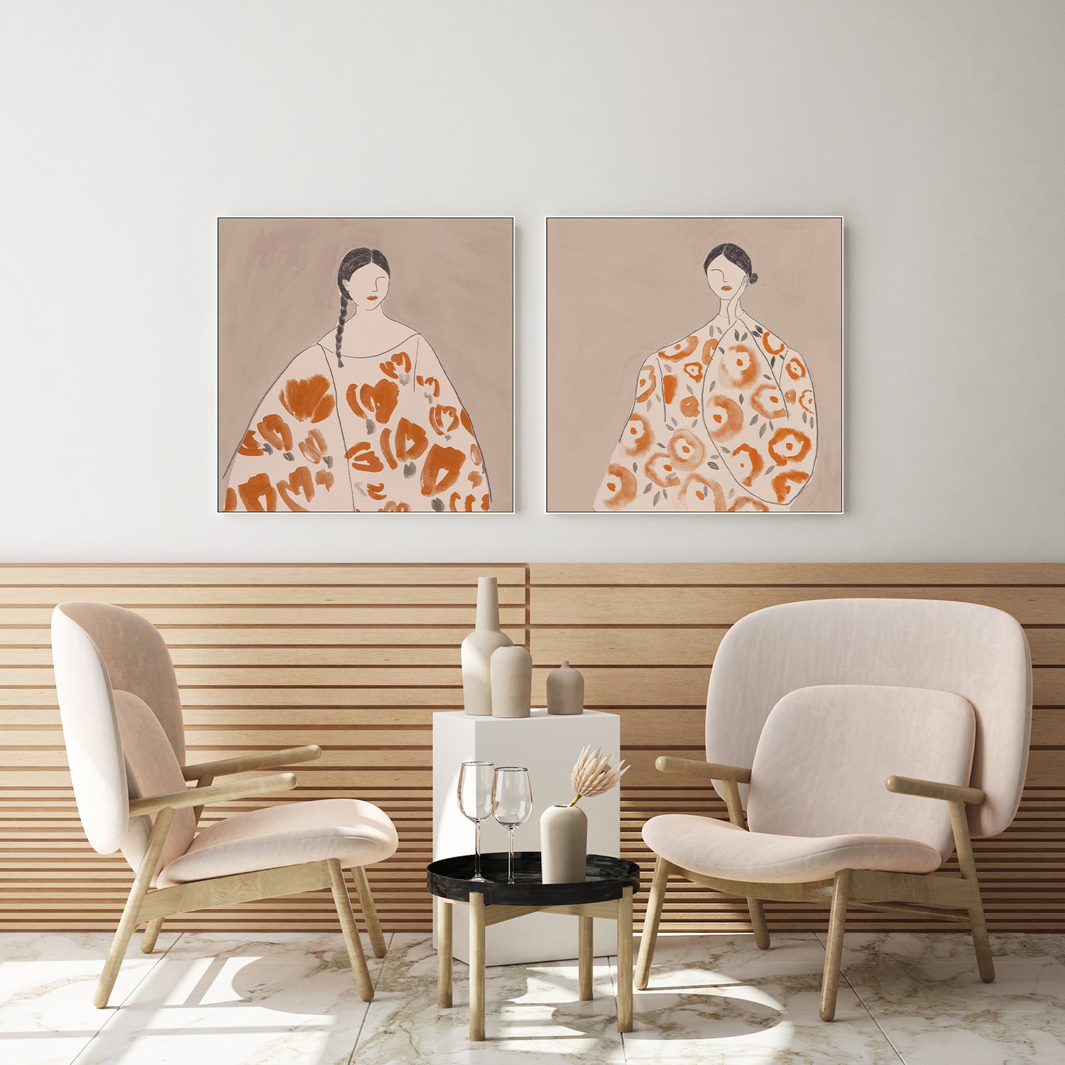 wall-art-print-canvas-poster-framed-Floral Woman, Mocha Tone, Style A & B, Set Of 2 , By Lily K-7