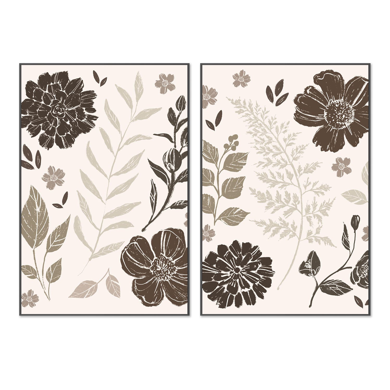 wall-art-print-canvas-poster-framed-Flower Feast, Brown v2, Style A & B, Set Of 2-3