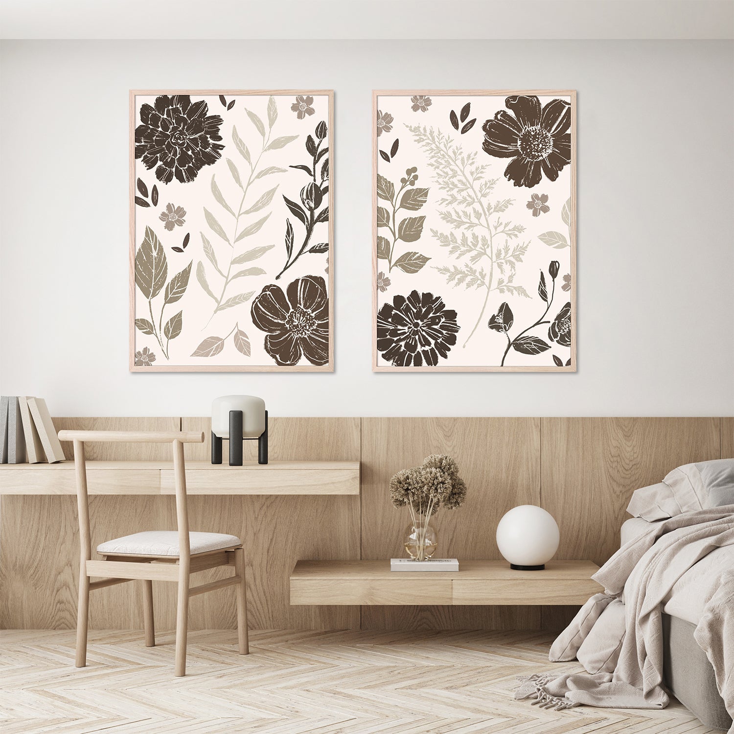 wall-art-print-canvas-poster-framed-Flower Feast, Brown v2, Style A & B, Set Of 2-8