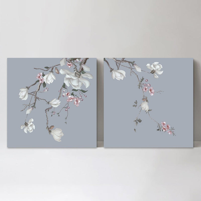 wall-art-print-canvas-poster-framed-Forcasting Spring, Magnolia And Peach Blossom In Blue Background, Set Of 2-by-Gioia Wall Art-Gioia Wall Art