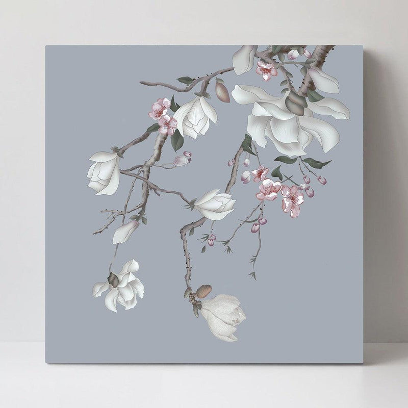 wall-art-print-canvas-poster-framed-Forcasting Spring, Magnolia And Peach Blossom In Blue Background, Style A-by-Gioia Wall Art-Gioia Wall Art