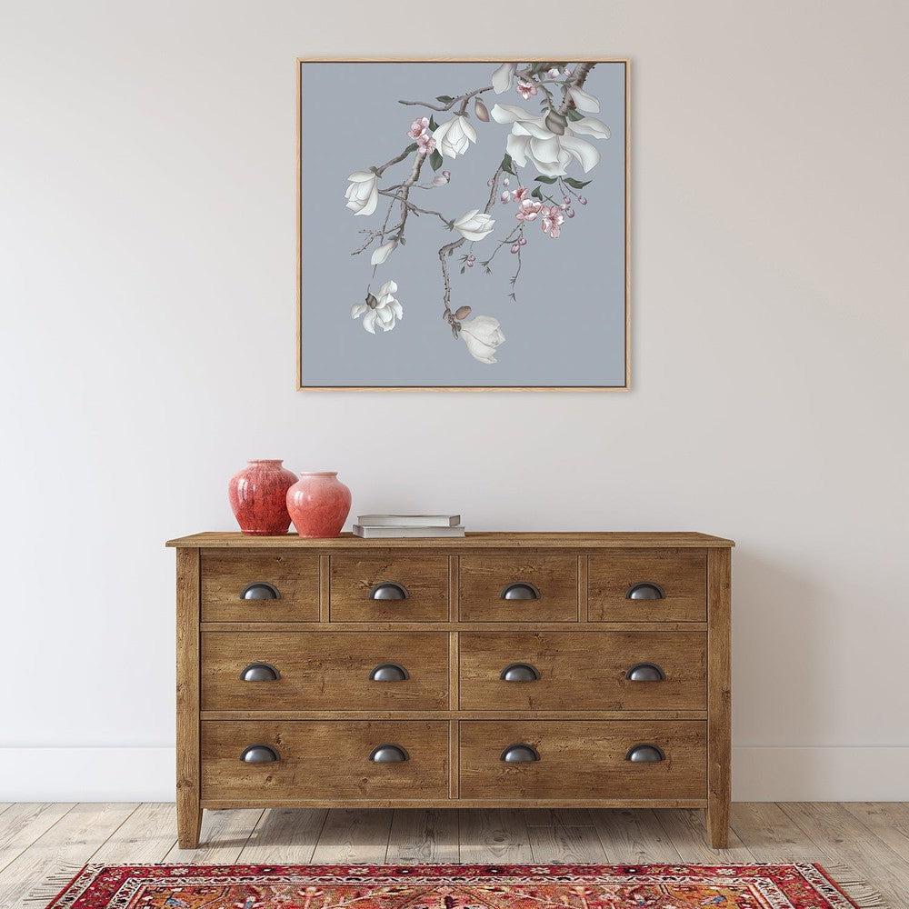 wall-art-print-canvas-poster-framed-Forcasting Spring, Magnolia And Peach Blossom In Blue Background, Style A-by-Gioia Wall Art-Gioia Wall Art