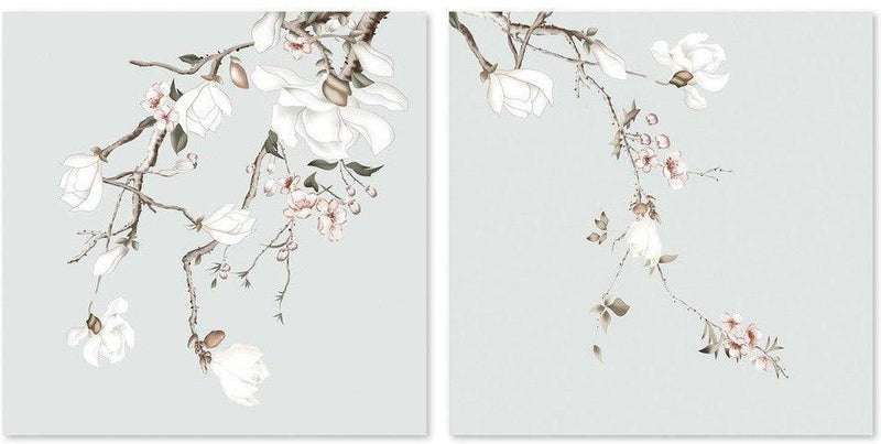 wall-art-print-canvas-poster-framed-Forcasting Spring, Magnolia And Peach Blossom In Pastel Green Background, Set Of 2-by-Gioia Wall Art-Gioia Wall Art