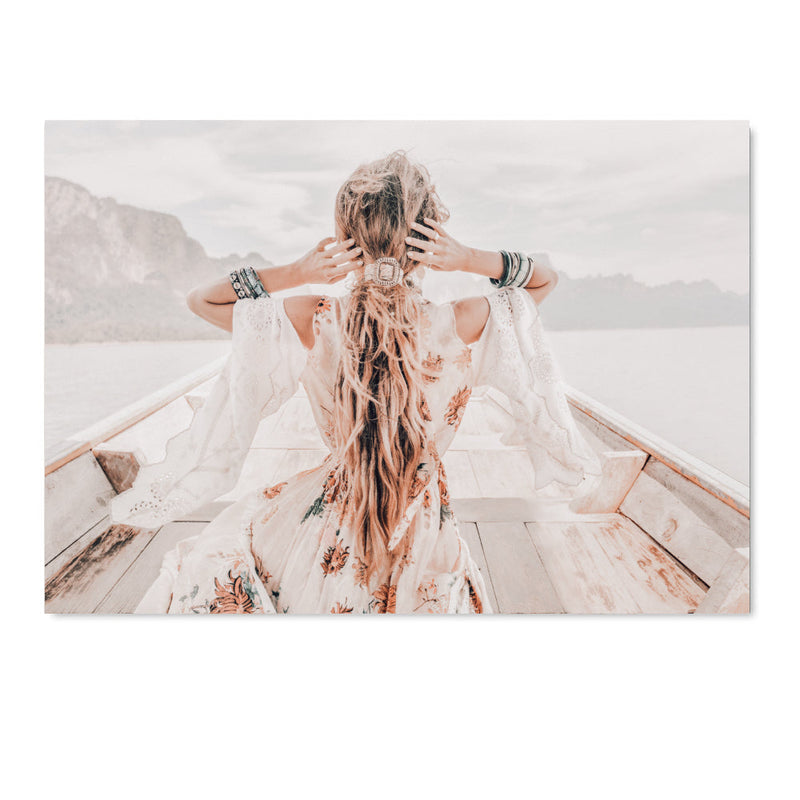 wall-art-print-canvas-poster-framed-Girl Dressed In Boho Style On A Boat-by-Gioia Wall Art-Gioia Wall Art
