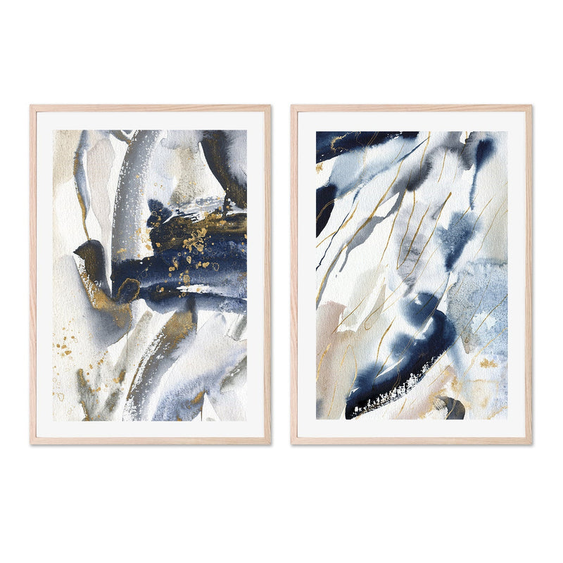 wall-art-print-canvas-poster-framed-Gold And Navy Watercolour, Style A & B, Set Of 2-GIOIA-WALL-ART