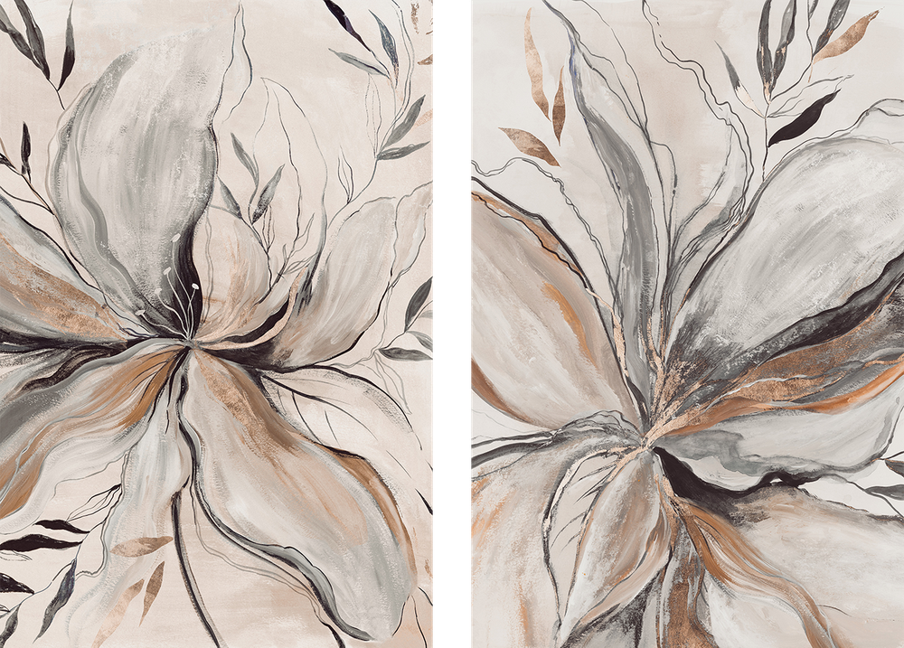 wall-art-print-canvas-poster-framed-Gold Brown Charcole Flower, Style A & B, Set Of 2 , By Asia Jensen-1