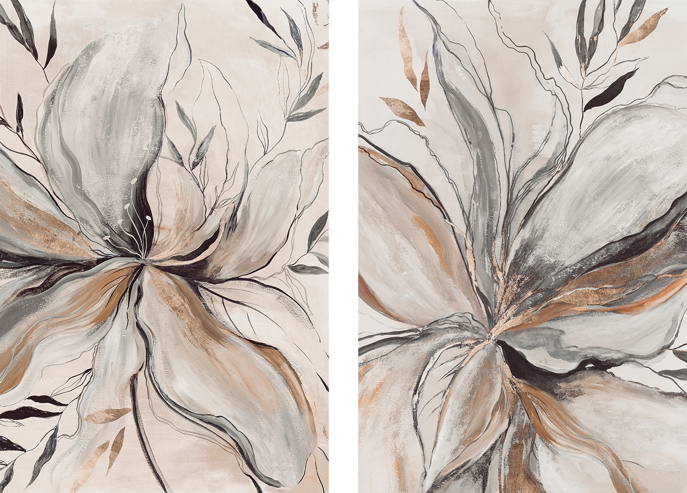 wall-art-print-canvas-poster-framed-Gold Brown Charcole Flower, Style A & B, Set Of 2 , By Asia Jensen-1