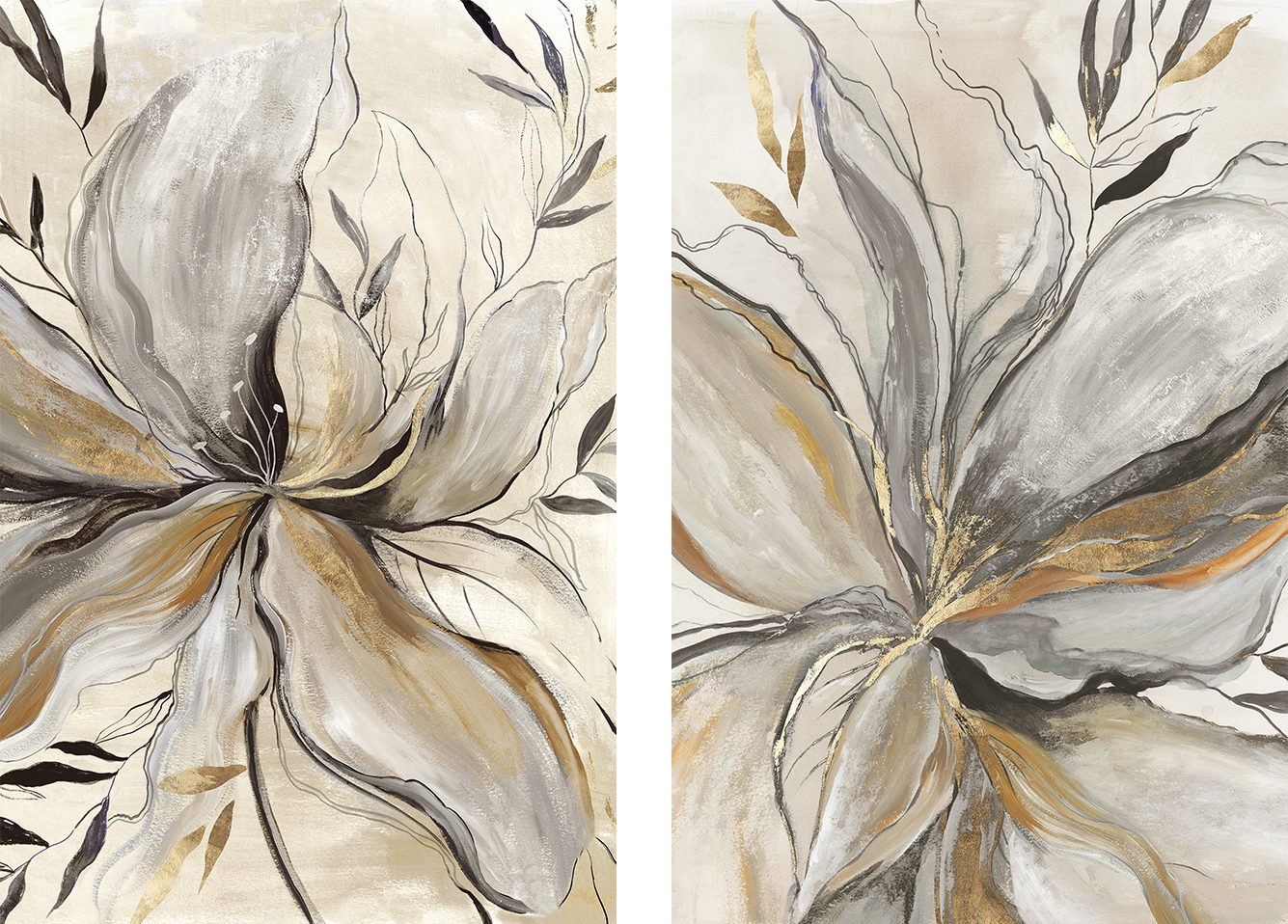 wall-art-print-canvas-poster-framed-Gold Charcole Flower, Style A & B, Set Of 2 , By Asia Jensen-1