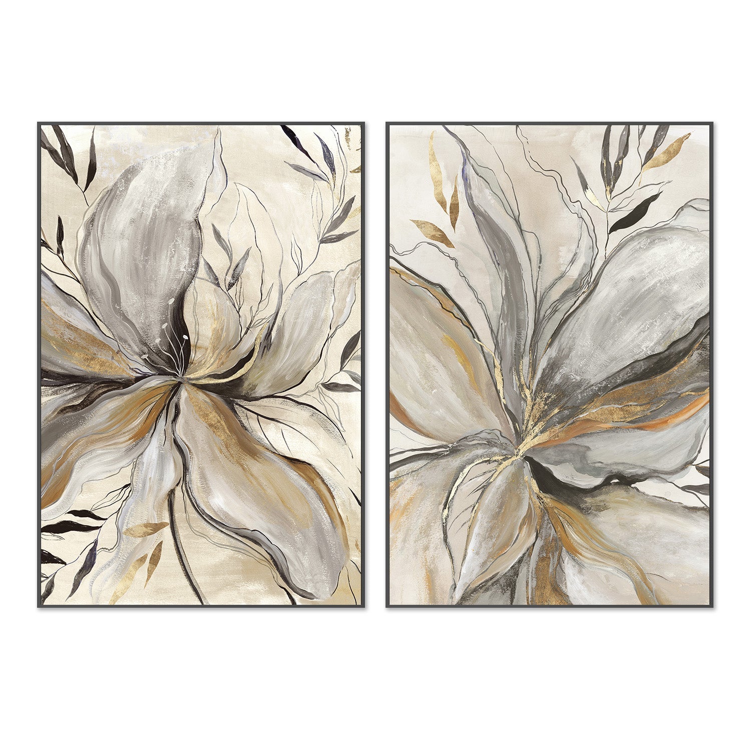 wall-art-print-canvas-poster-framed-Gold Charcole Flower, Style A & B, Set Of 2 , By Asia Jensen-3