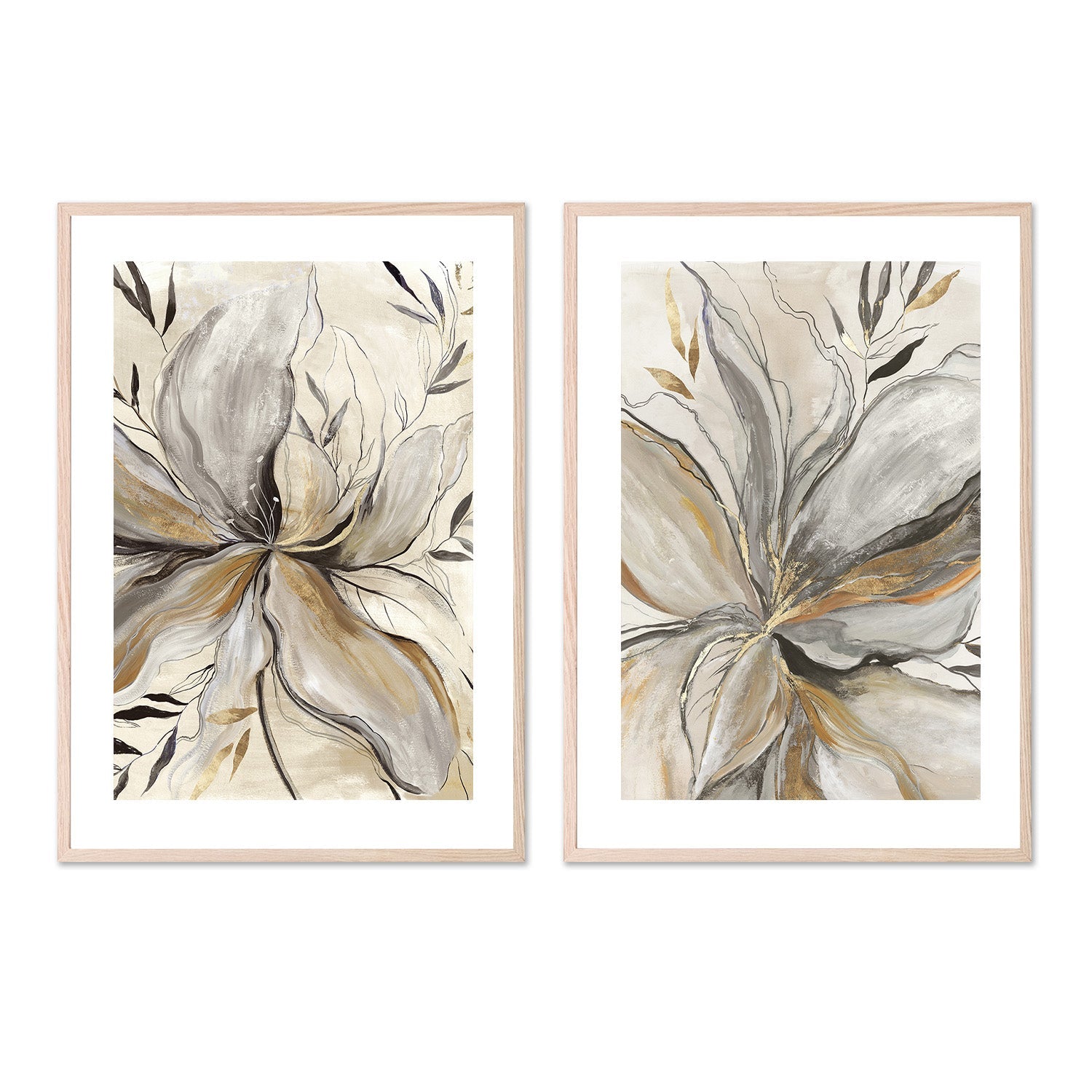 wall-art-print-canvas-poster-framed-Gold Charcole Flower, Style A & B, Set Of 2 , By Asia Jensen-6