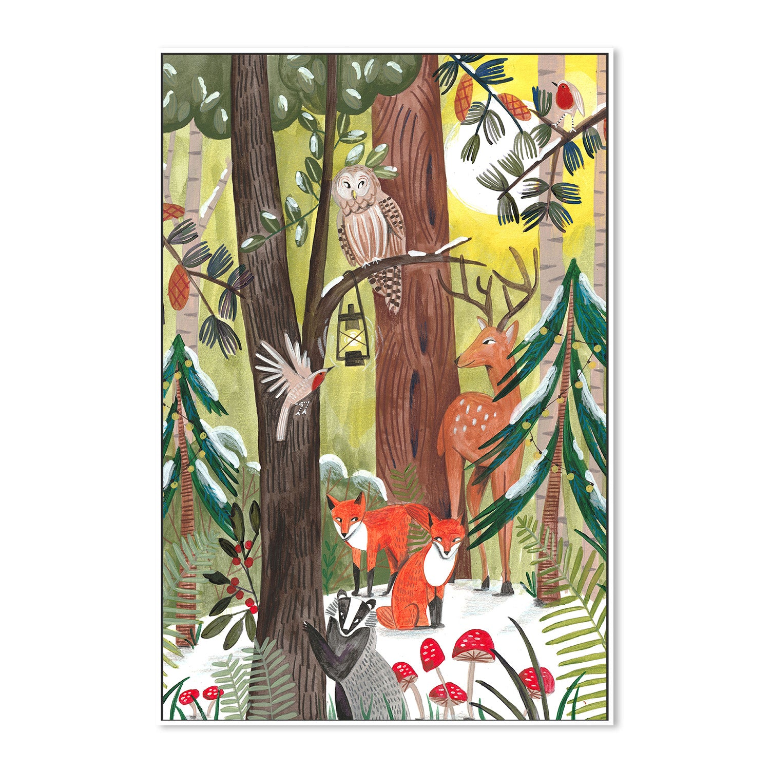 wall-art-print-canvas-poster-framed-Green Christmas forest with animals-5
