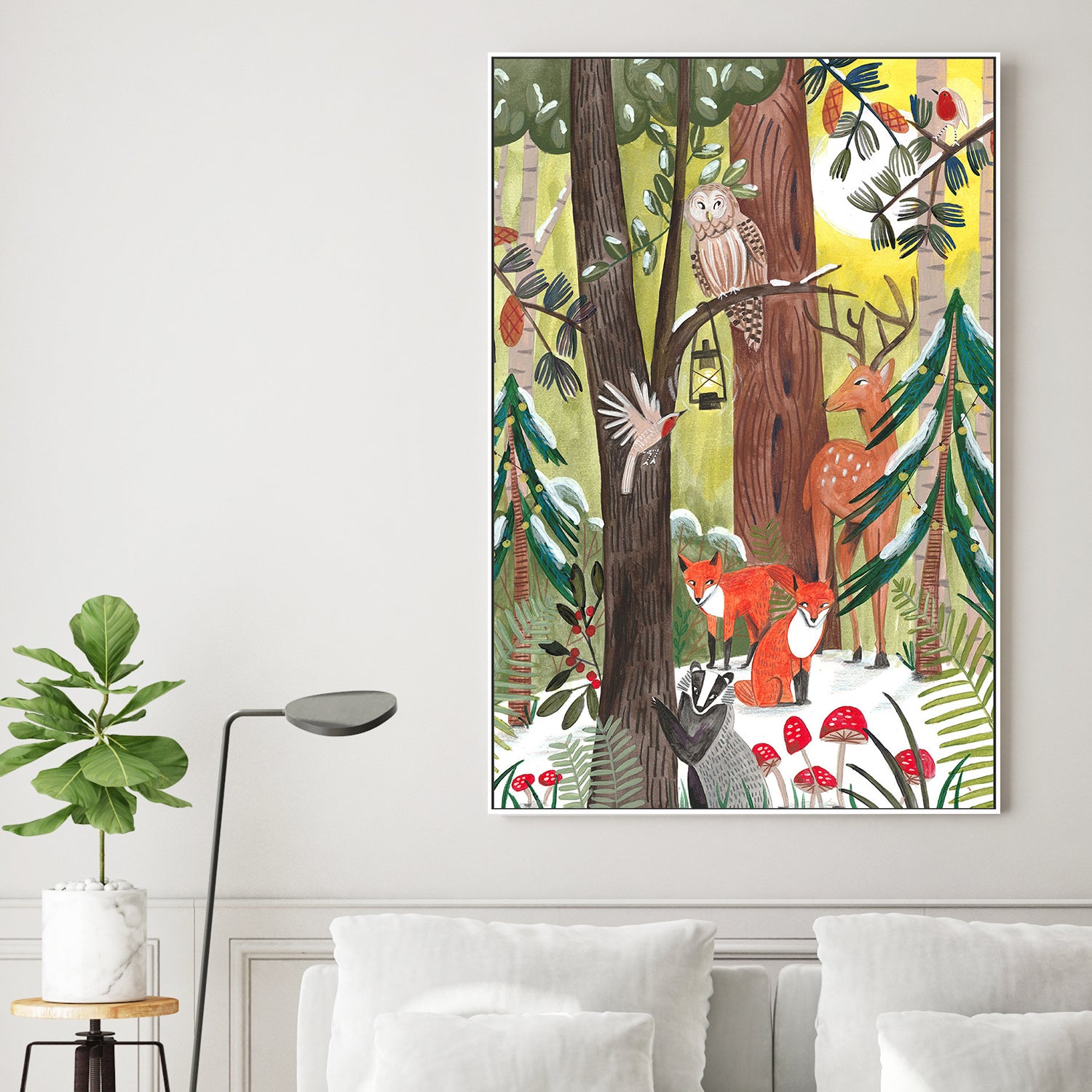 wall-art-print-canvas-poster-framed-Green Christmas forest with animals-7