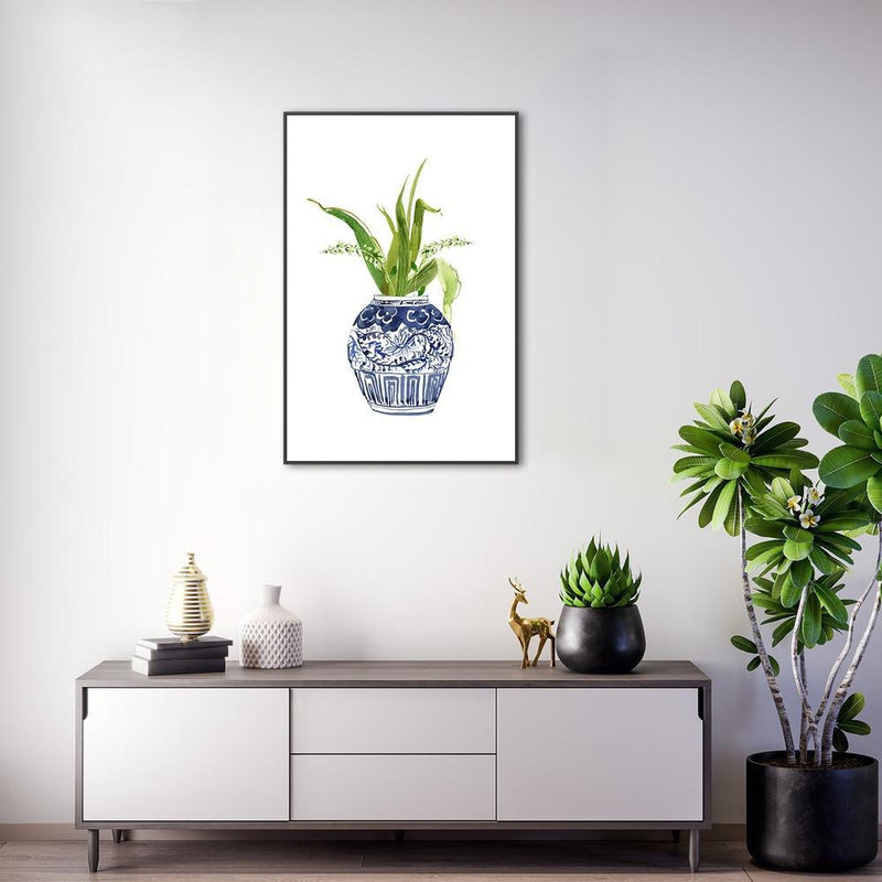 wall-art-print-canvas-poster-framed-Indigo Ginger Vase And Flowers Painting, Style A-by-Gioia Wall Art-Gioia Wall Art