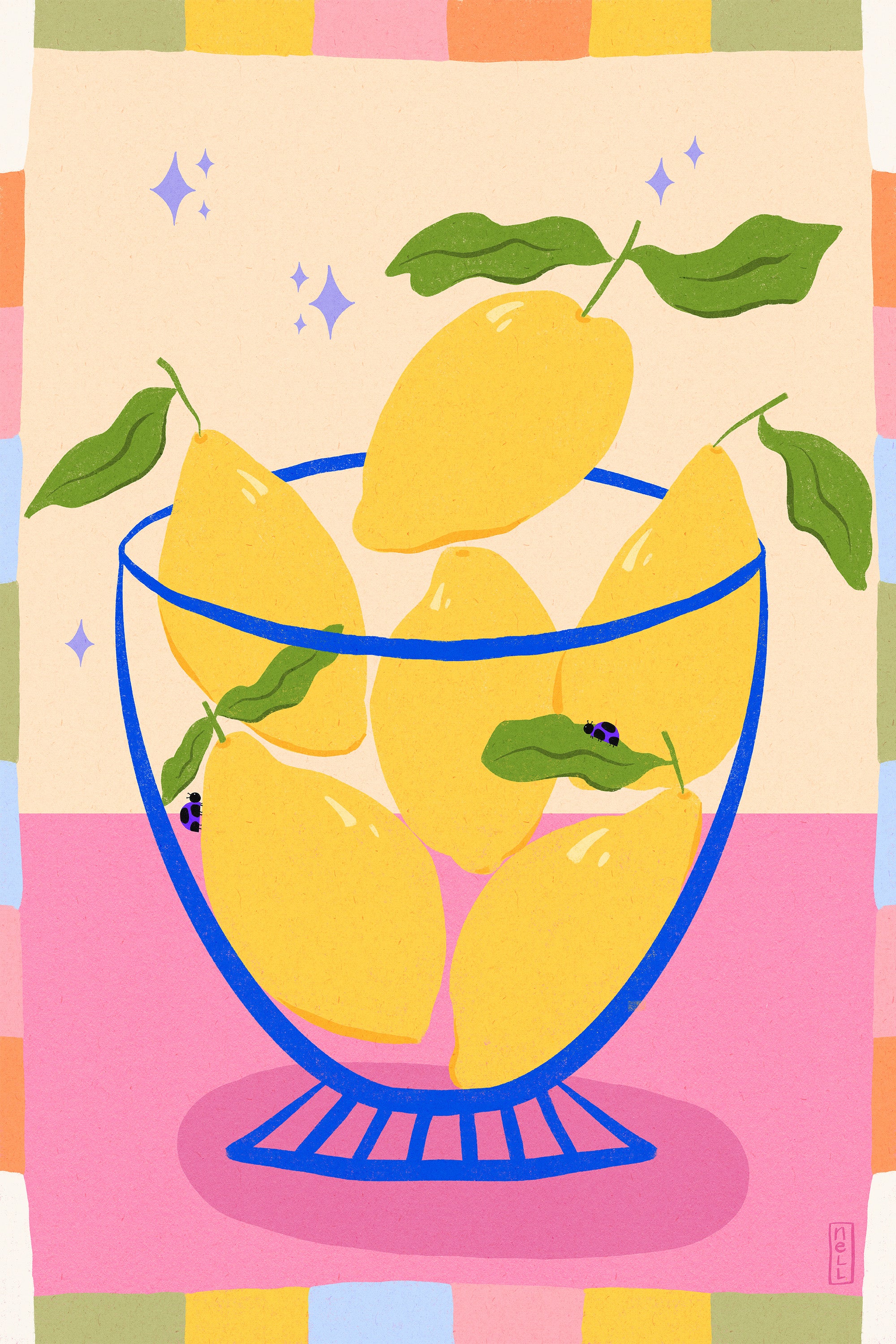 wall-art-print-canvas-poster-framed-Lemons in a Bowl Retro Illustration with Colorful Frame-1