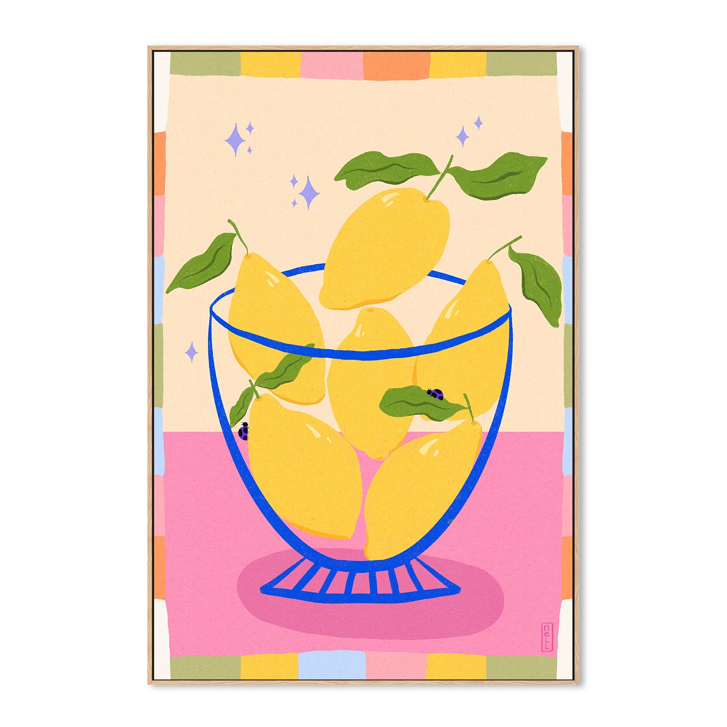 wall-art-print-canvas-poster-framed-Lemons in a Bowl Retro Illustration with Colorful Frame-4