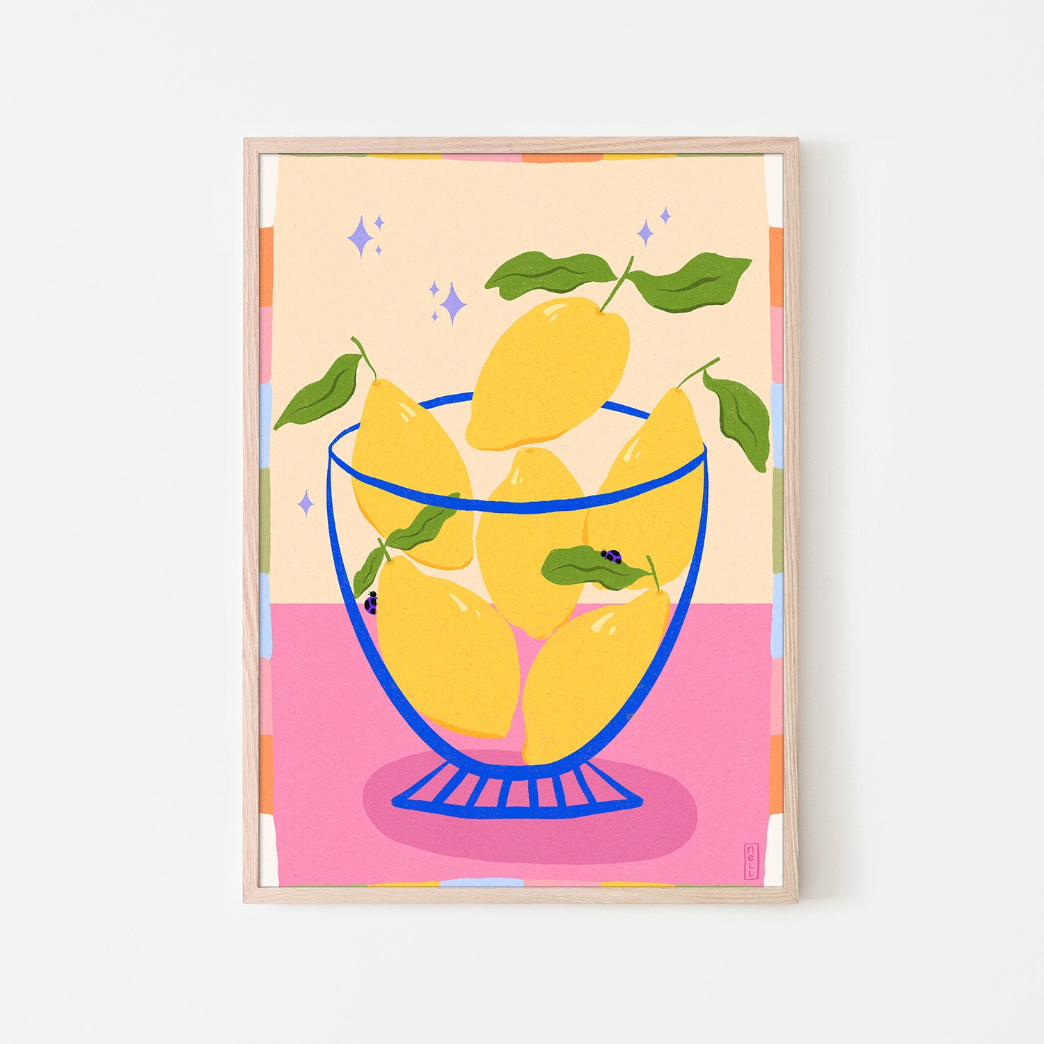 wall-art-print-canvas-poster-framed-Lemons in a Bowl Retro Illustration with Colorful Frame-6