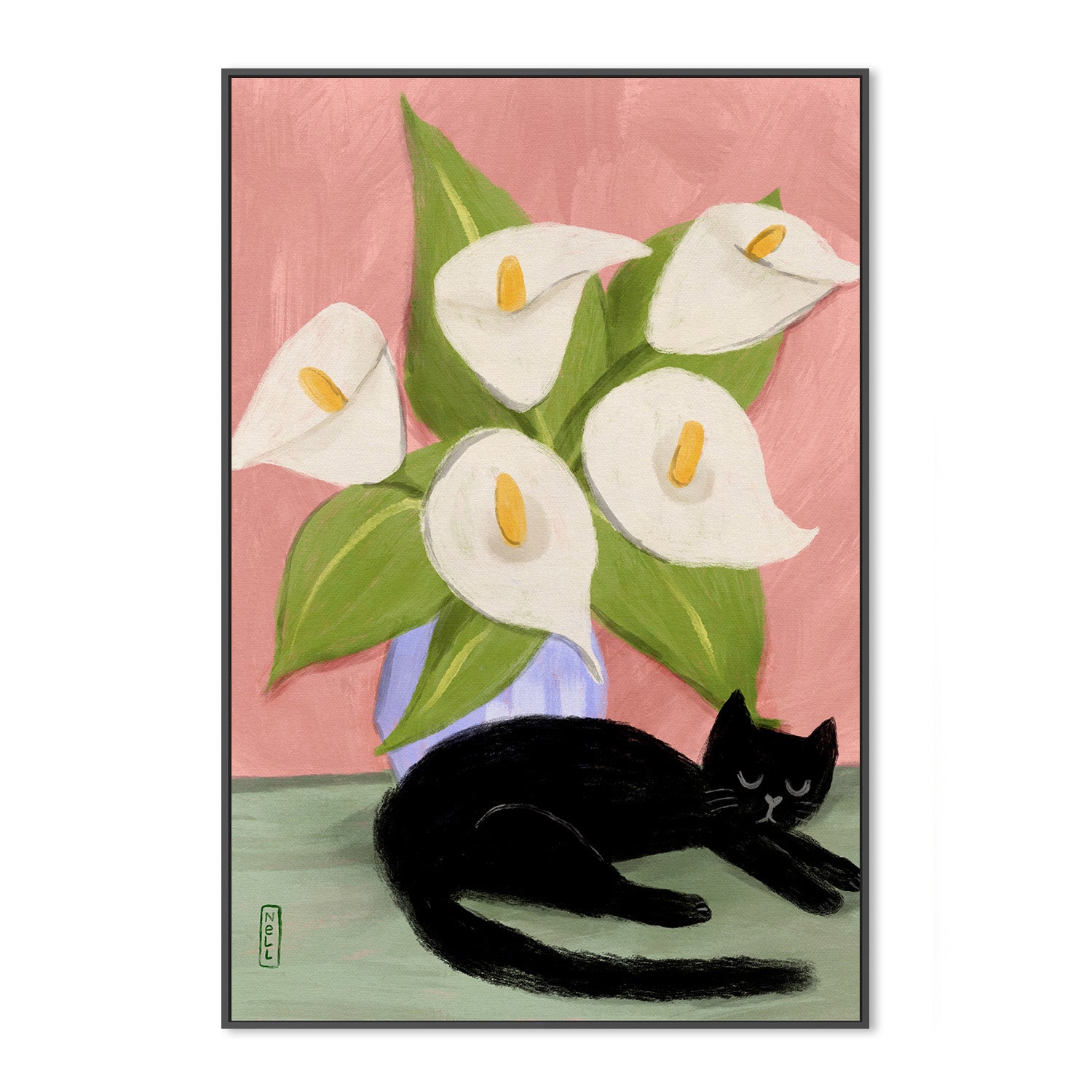 wall-art-print-canvas-poster-framed-Lilies in a Vase and a black cat-3
