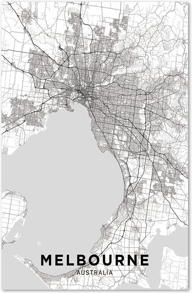 Map Of Melbourne, Black And White Wall Art Print Framed Canvas Poster