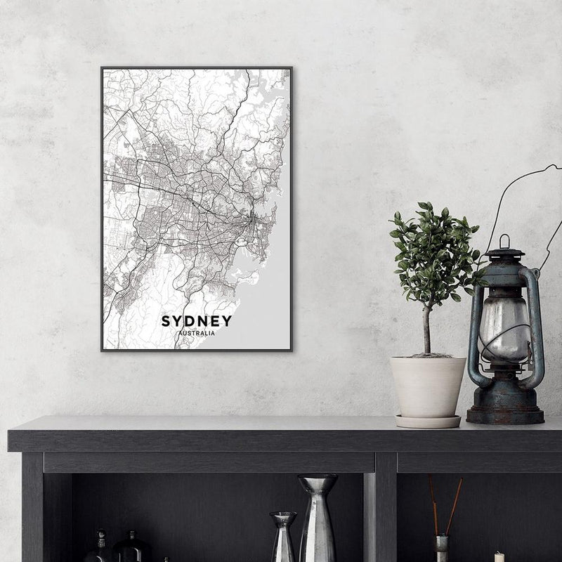 wall-art-print-canvas-poster-framed-Map Of Sydney, Black And White-by-Gioia Wall Art-Gioia Wall Art