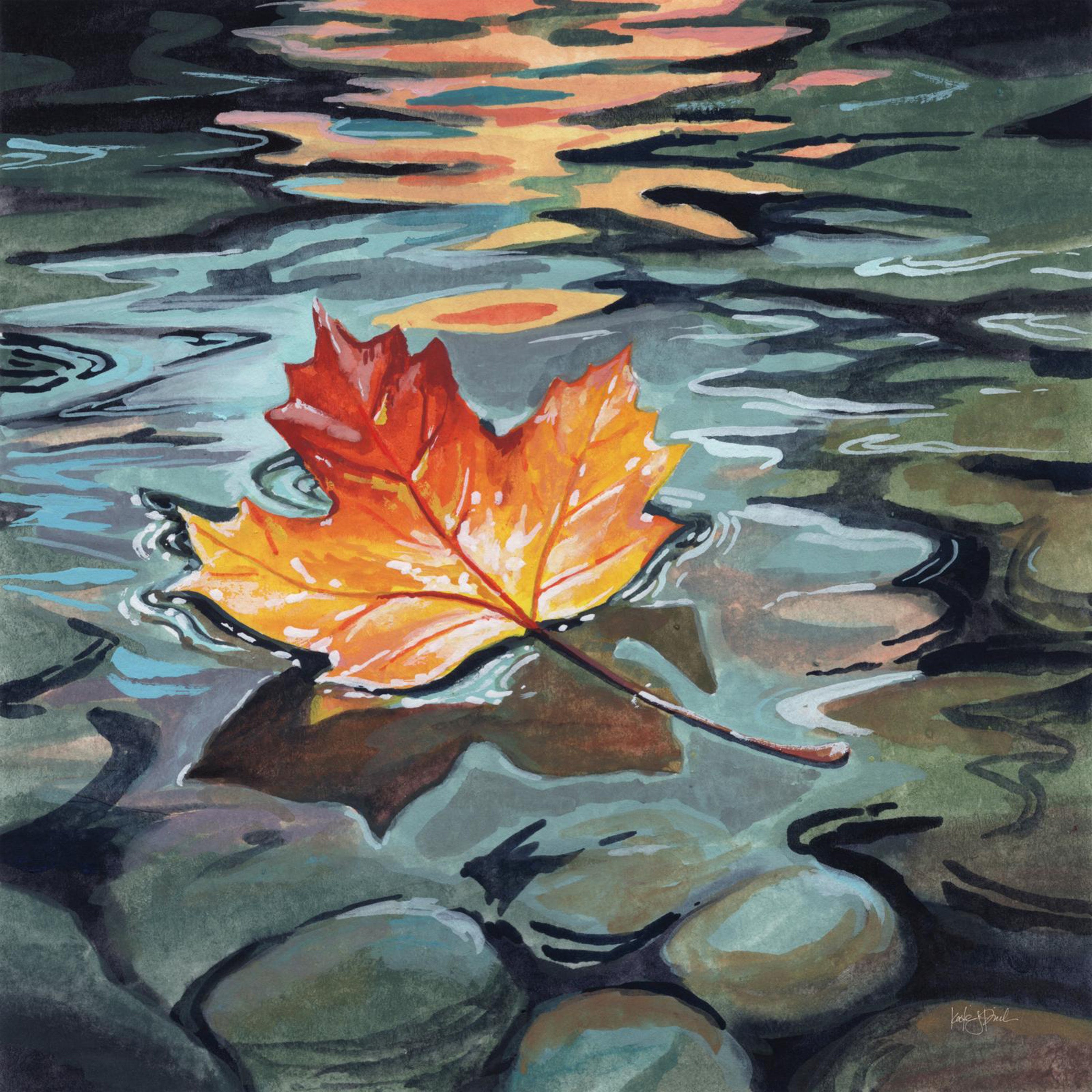 wall-art-print-canvas-poster-framed-Maple Leaf Floating In a Stream-1