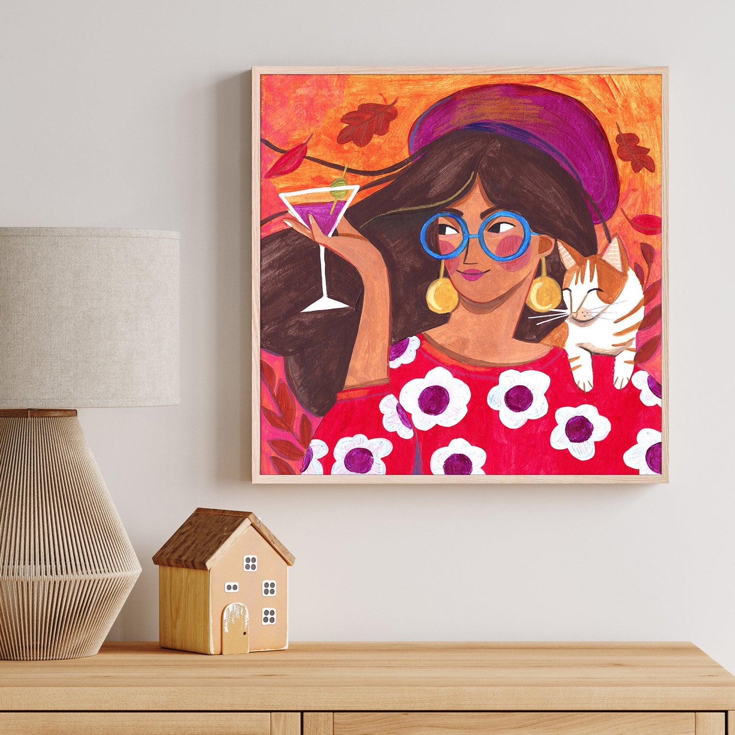 wall-art-print-canvas-poster-framed-Modern Autumn portrait Woman with Cat-2