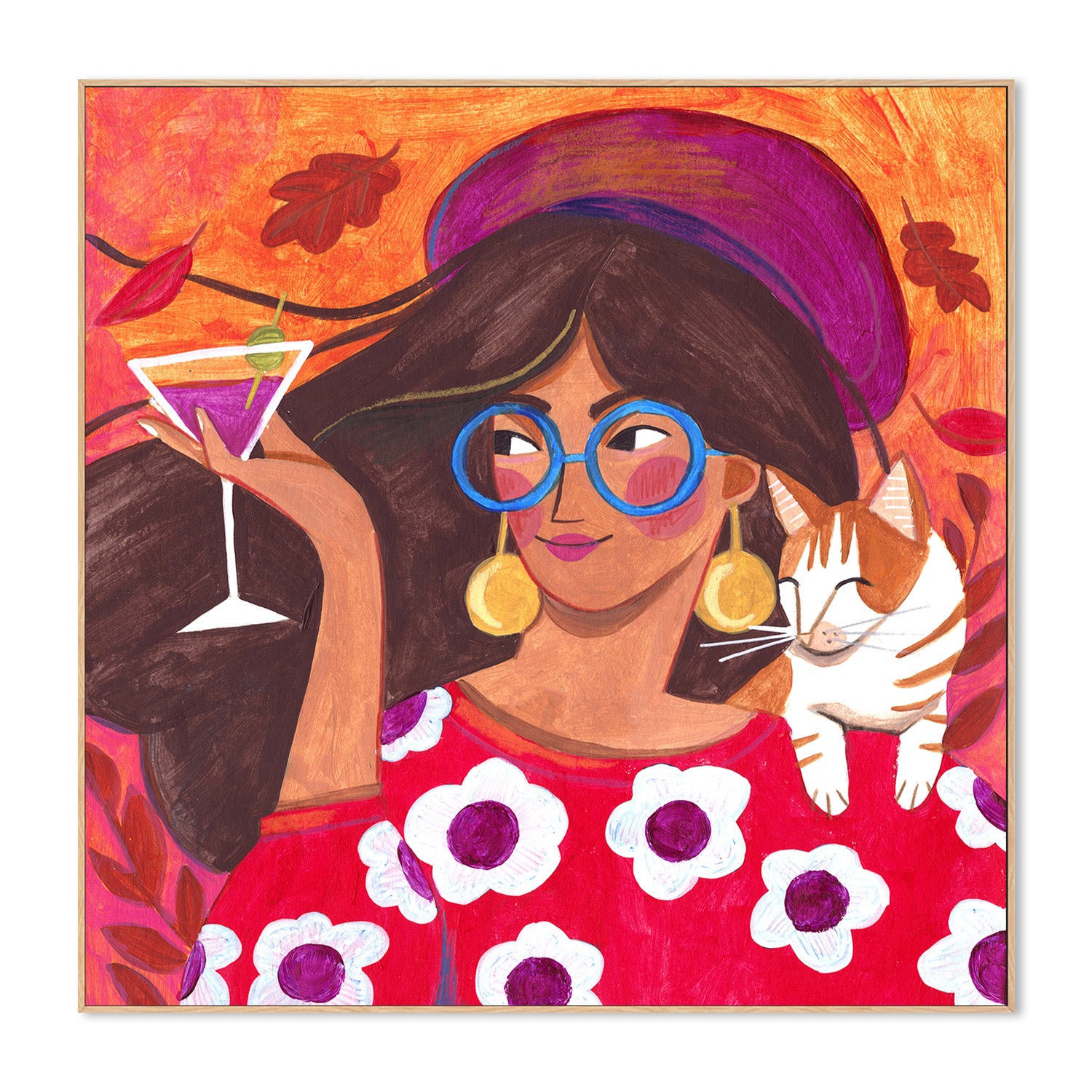 wall-art-print-canvas-poster-framed-Modern Autumn portrait Woman with Cat-4