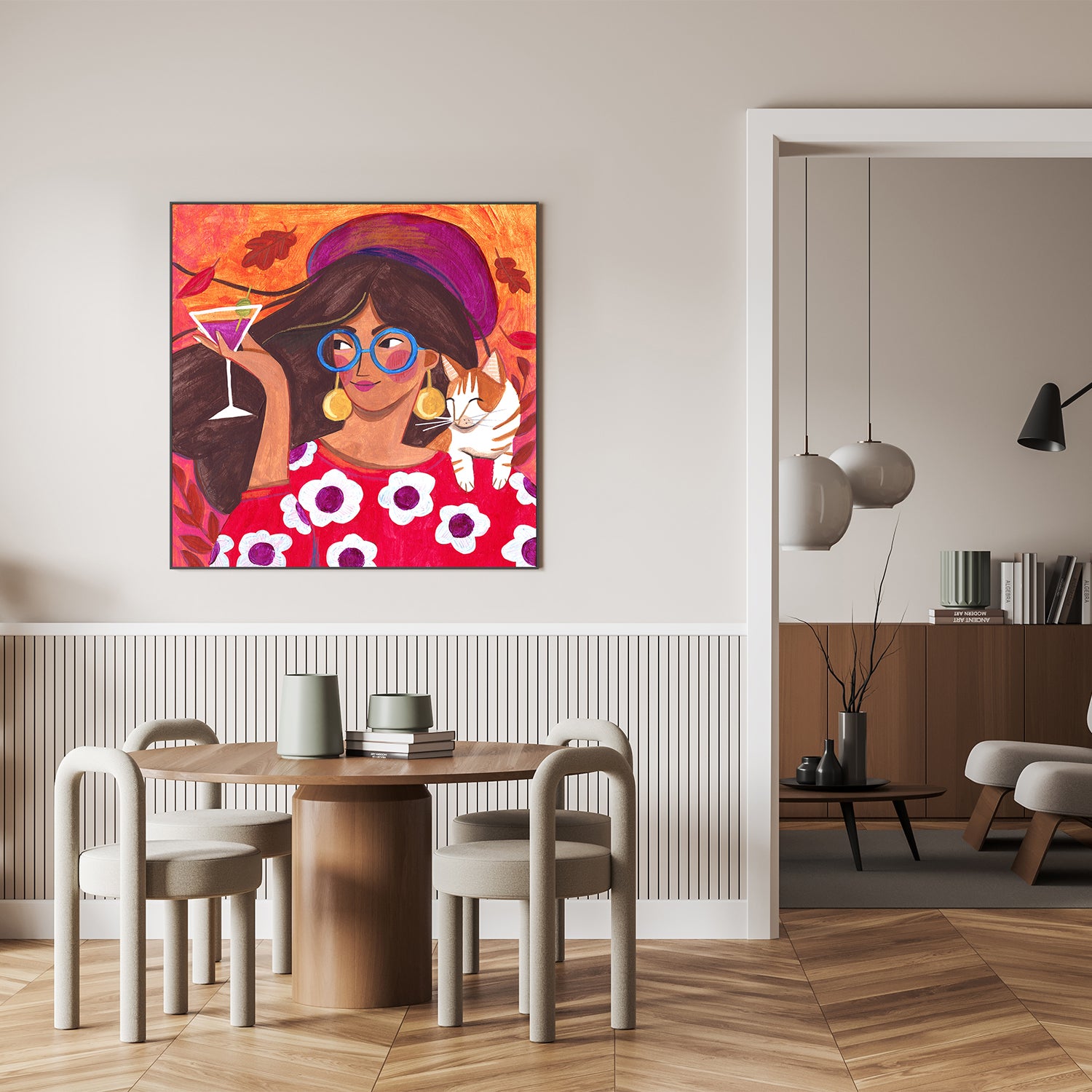 wall-art-print-canvas-poster-framed-Modern Autumn portrait Woman with Cat-8