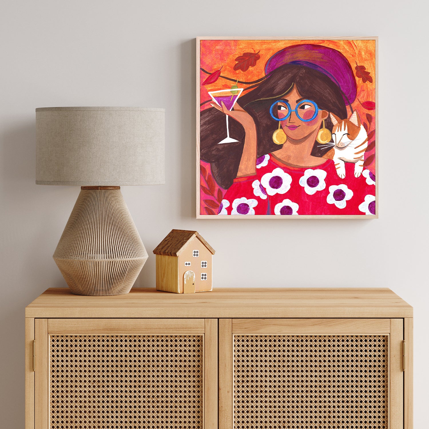 wall-art-print-canvas-poster-framed-Modern Autumn portrait Woman with Cat-9
