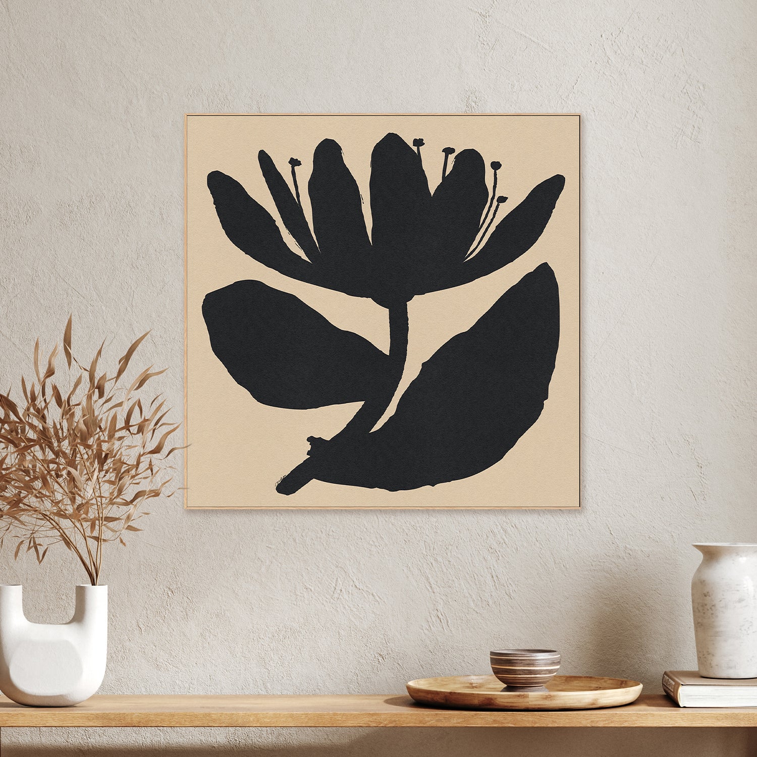 wall-art-print-canvas-poster-framed-Open Black Flower On Beige-2