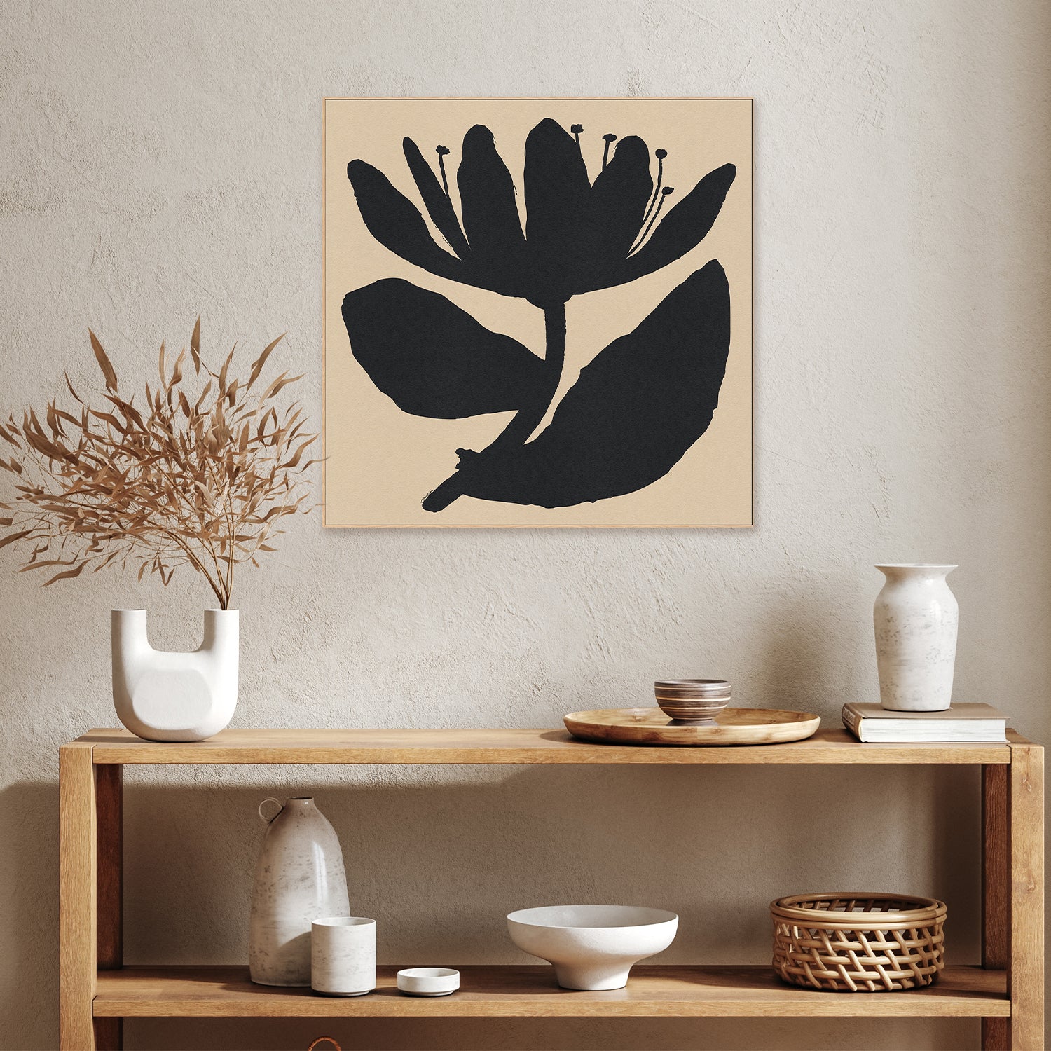wall-art-print-canvas-poster-framed-Open Black Flower On Beige-7